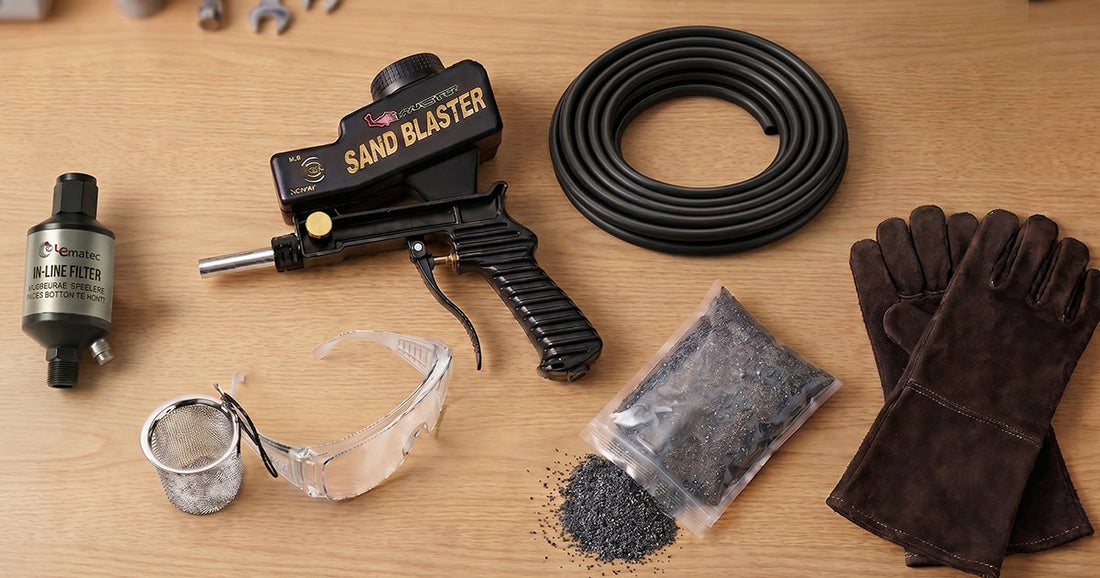 A comprehensive set of sandblasting starter tools including a blaster, abrasive media, and safety gear.