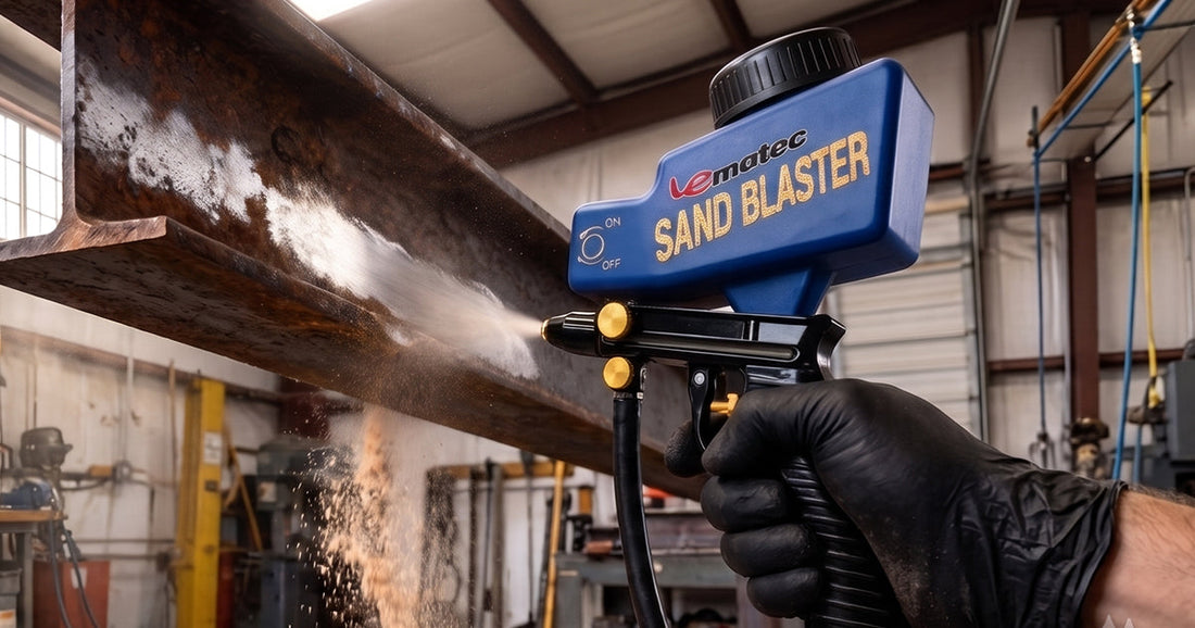 A Le Lematec sandblaster gun removing rust from a heavy-duty structural metal beam in a professional garage.