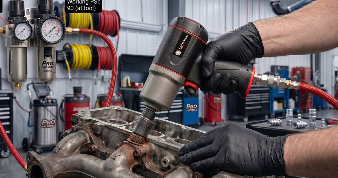 Mechanic using a Le-Matec air impact wrench on an engine block with a gauge showing 90 PSI working pressure.