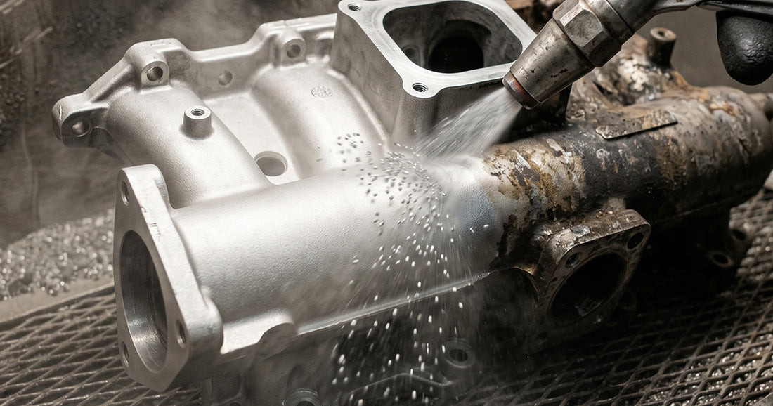 Close-up of a Le-Matec sandblaster nozzle spraying glass beads onto a metal engine part to remove dirt and grime.
