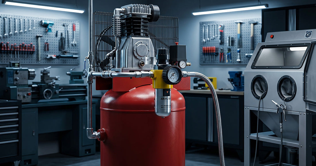 Red air compressor setup with Le Lematec air filter and regulator connected to a blast cabinet in a garage