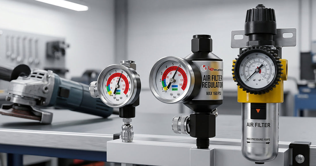 Professional wall-mounted air filter and regulator system installed on a workshop wall with pneumatic piping.