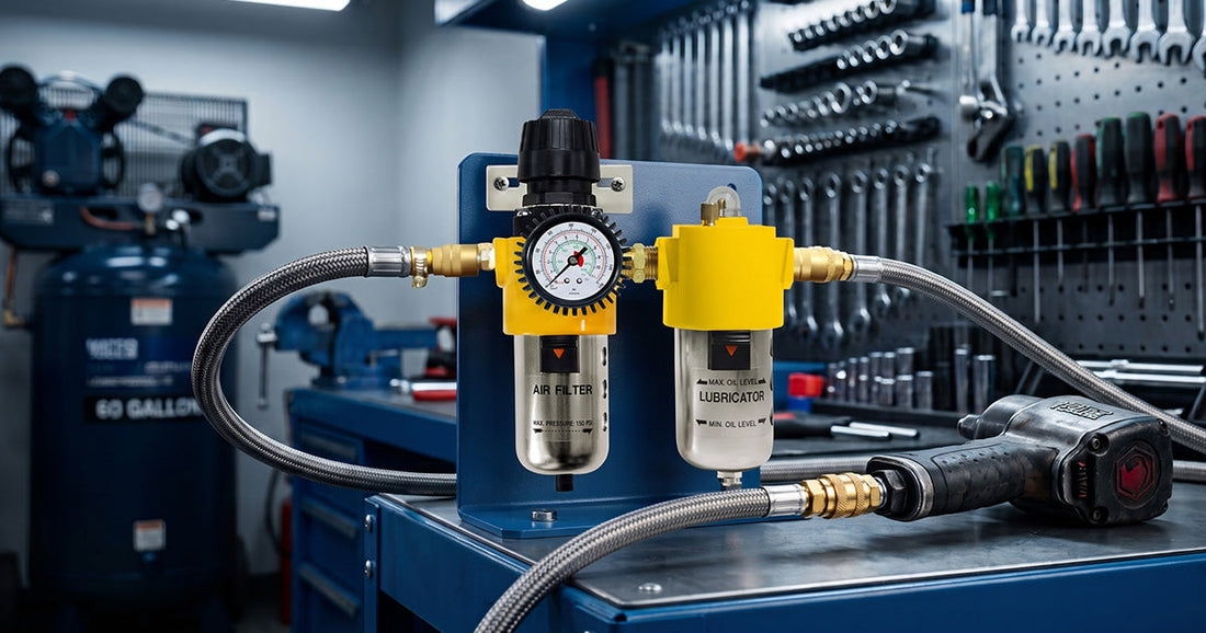 Lematec air filter and lubricator system connected to an impact wrench on a workshop table with a compressor nearby.