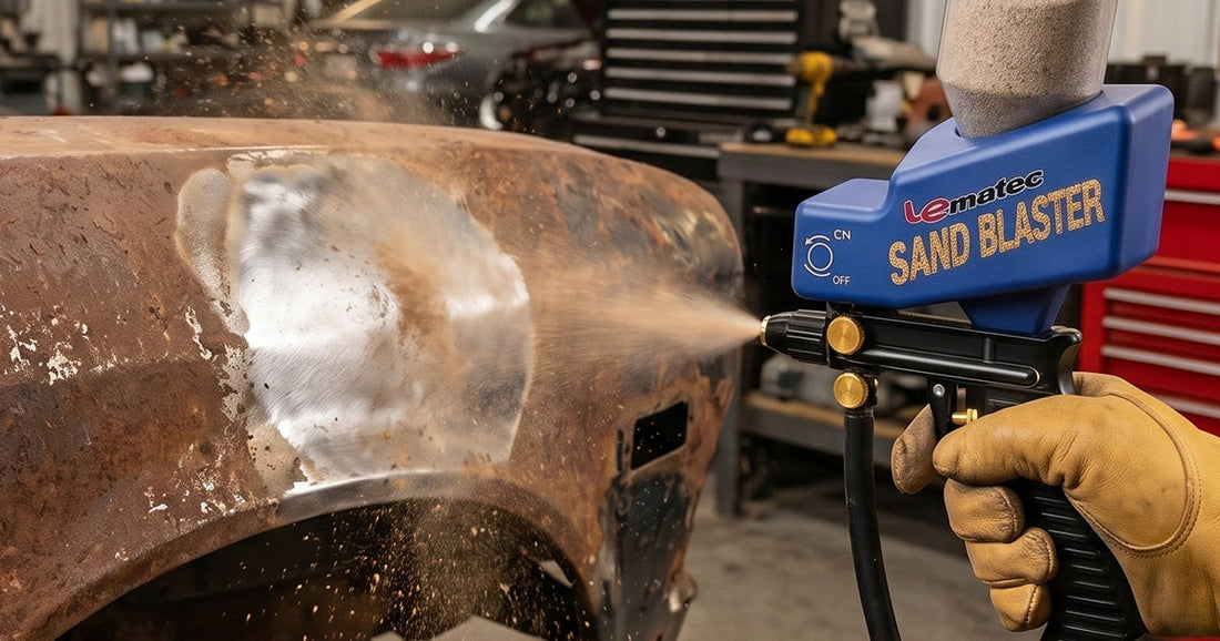 Le-Matec sand blaster tool removing rust from an old car panel with visible abrasive spray at high pressure.