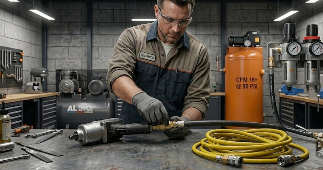 Mechanic connecting air hose to impact wrench at workbench with large vertical air compressor in background for workshop