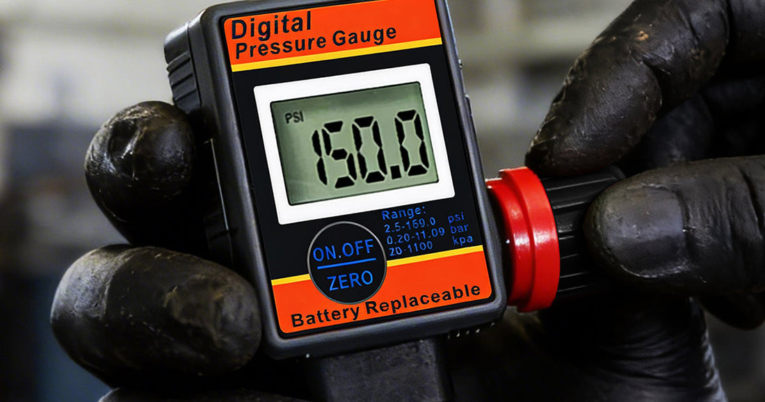 A technician adjusting the pressure dial on an air regulator attached to a workshop pneumatic setup.