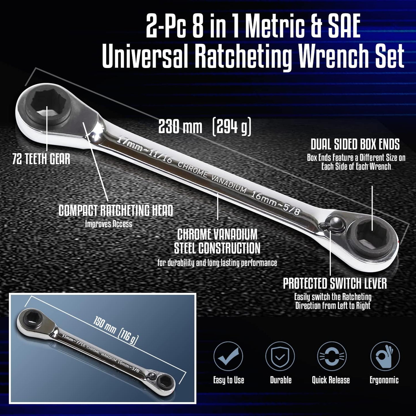 Professional 8-in-1 Ratcheting Wrench Set - Chrome Steel with 72-Tooth Design (LE-RWH252)