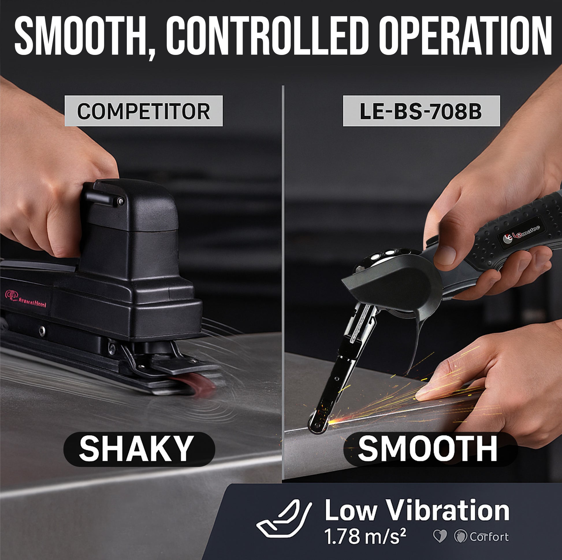 LE-BS-708B compact air belt sander 18000 RPM fast precise metal grinding with sparks