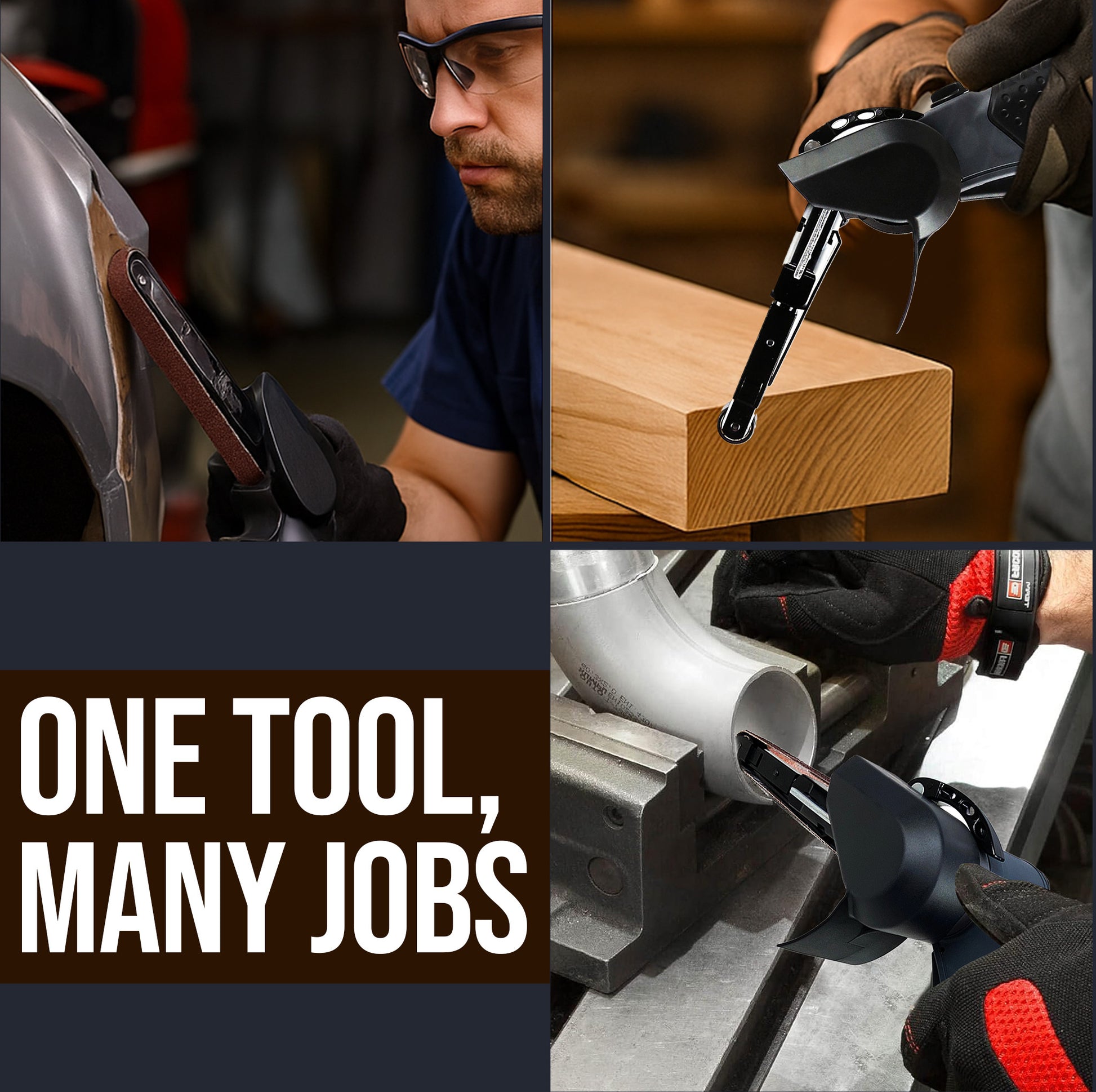 LE-BS-708B air belt sander reaching tight spaces edges corners and panels for precision work
