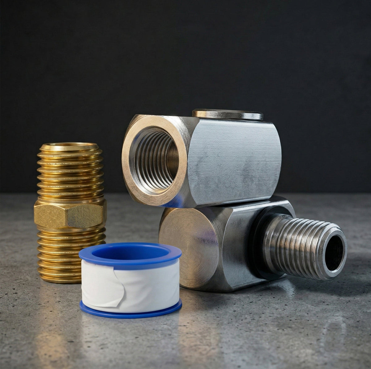 AI-112 swivel air connector with male adapter and Teflon tape, part of the air compressor hookup kit