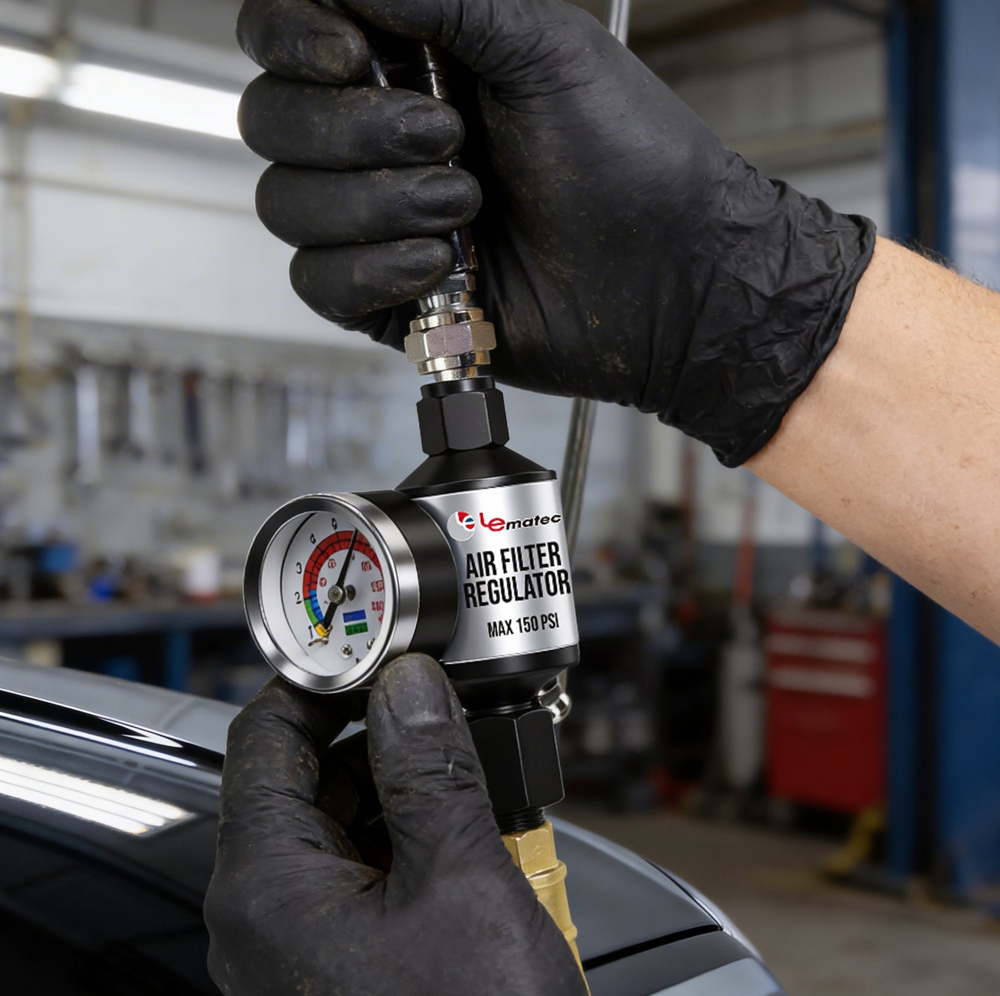 AI303-R1 air compressor filter regulator water oil separator - product installed in workshop application