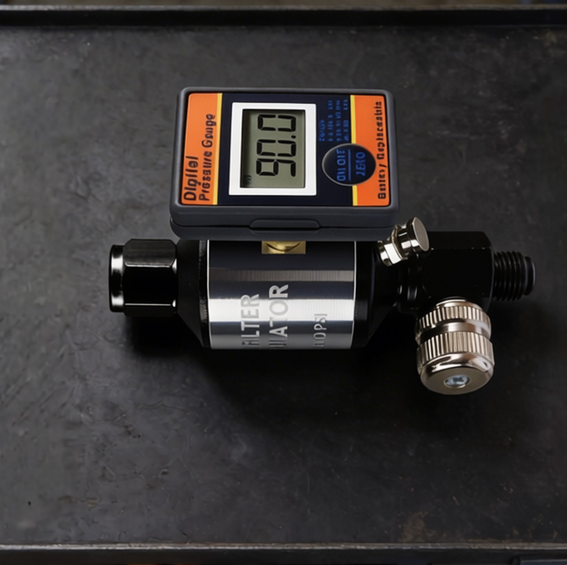 Professional 2-in-1 Air Filter System - 160 PSI Digital Regulator with Water Separator (AI303-R2) showing digital pressure gauge.