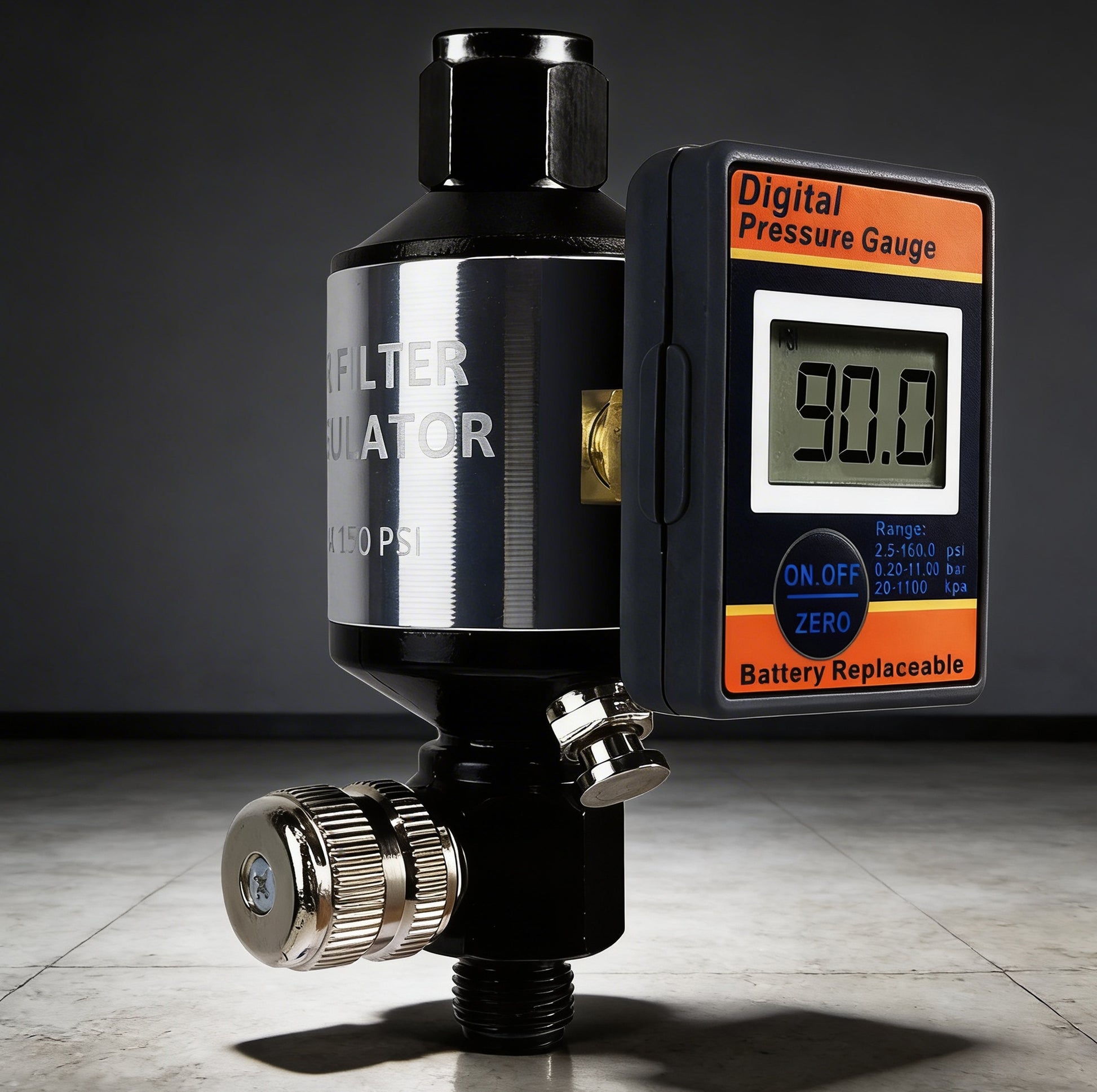 Professional 2-in-1 Air Filter System - 160 PSI Digital Regulator with Water Separator (AI303-R2) shown with digital gauge.