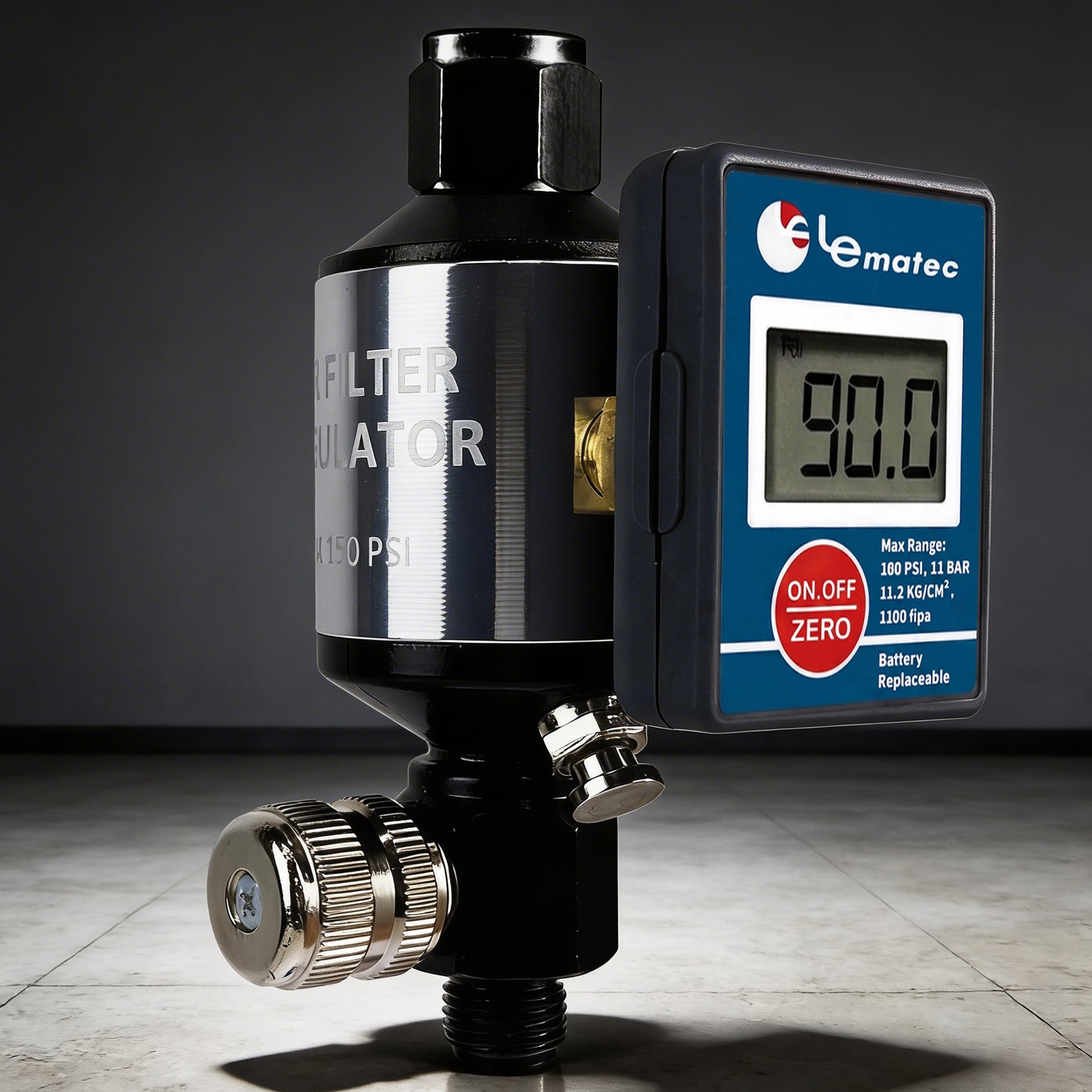 Le Lematec AI303-R2 two-in-one air filter regulator and water separator with digital head reading 90.0 PSI