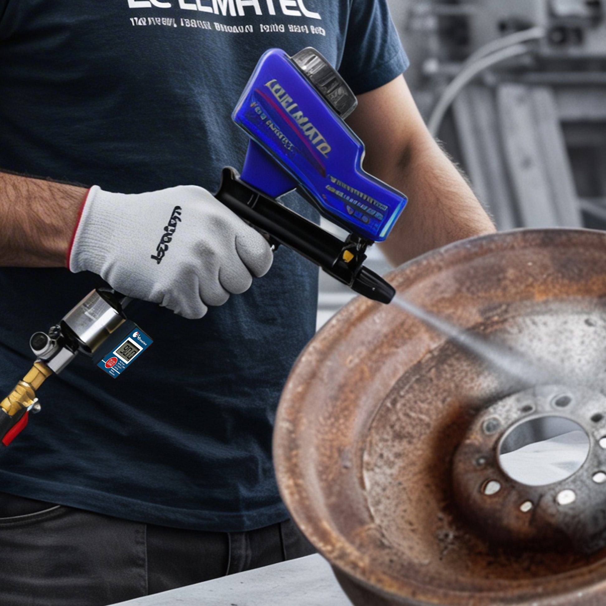 AI303-R2 supplying filtered air to a handheld sandblaster as a worker strips rust from a brake rotor