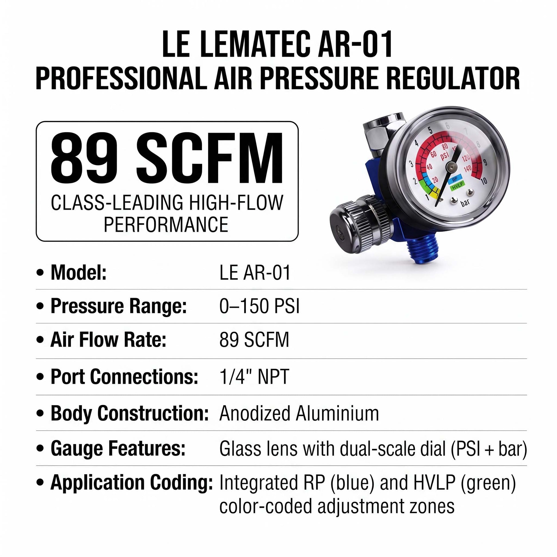 Specification sheet with image for LE LEMATEC AR-01 89 SCFM Air Regulator