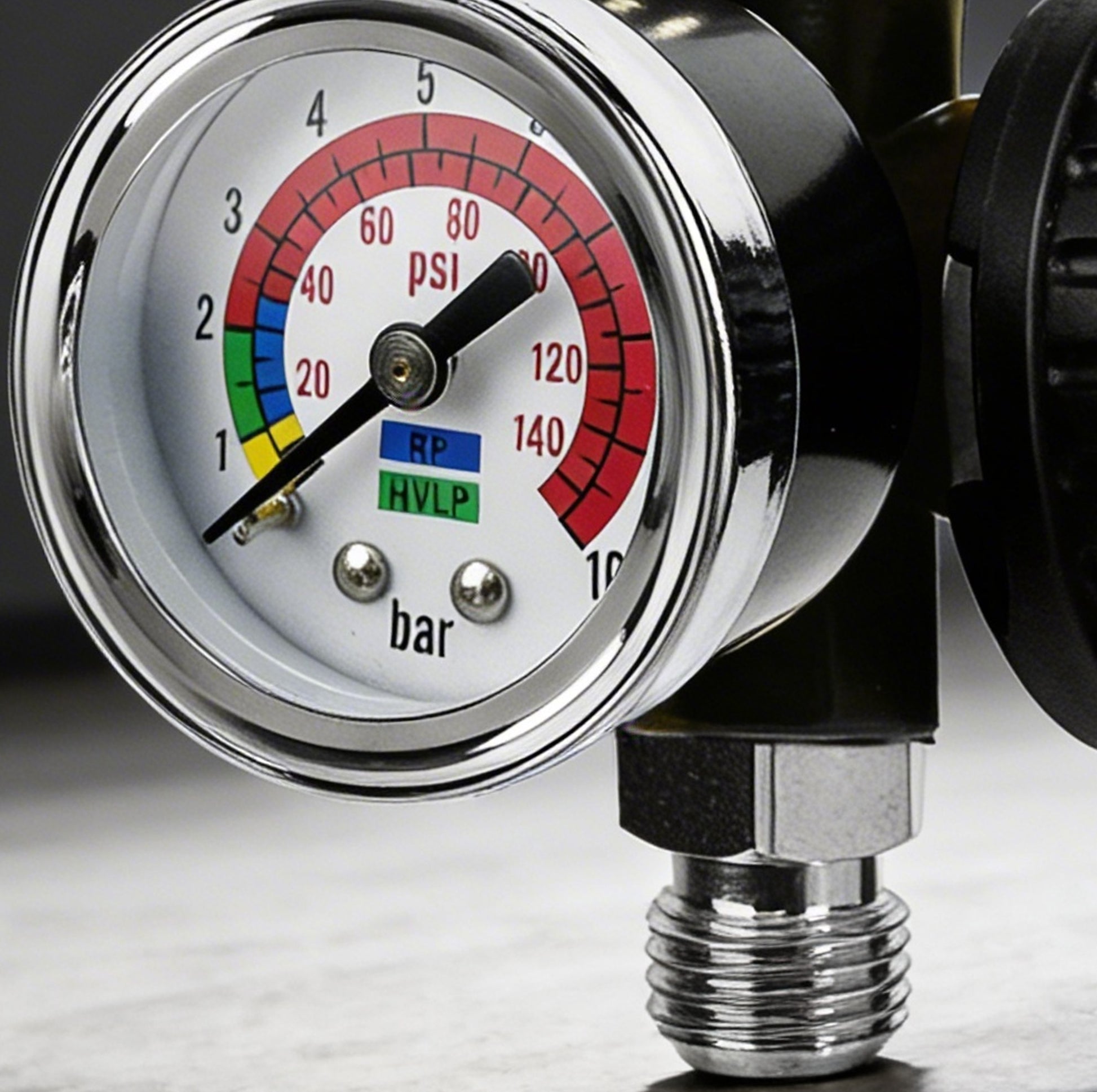 AR-02 air pressure regulator gauge 140 PSI - close-up of connection points and fittings