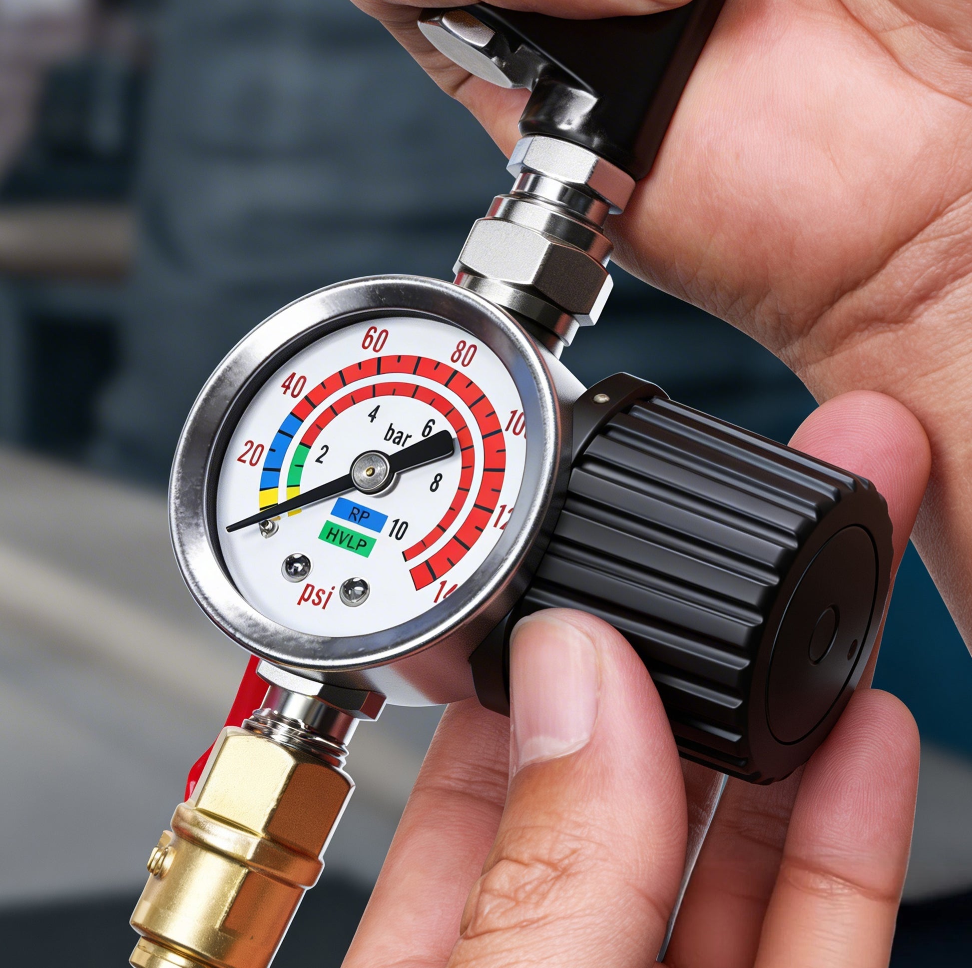 AR-02 air pressure regulator gauge 140 PSI - detailed angle view of key features