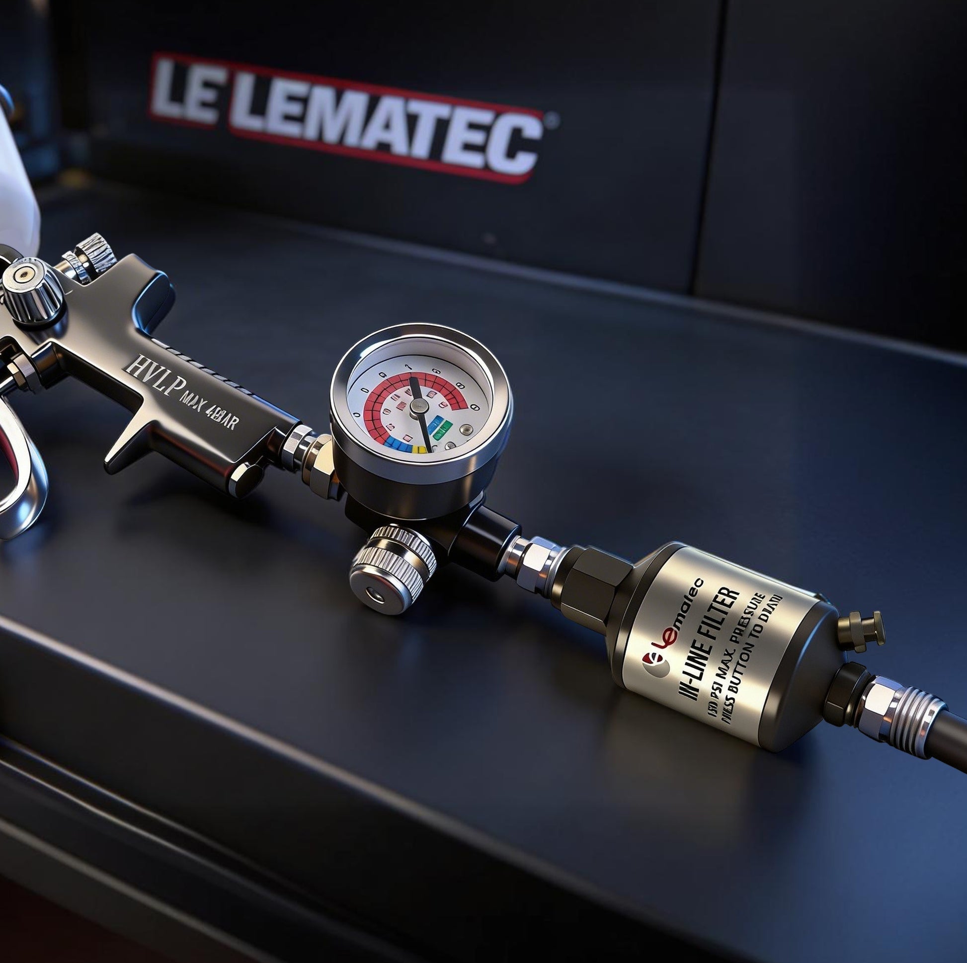 LE LEMATEC Spray Gun Regulator Valve Tool, 1/4 NPT Air Pressure Regulator (AR-08) with gauge and connectors.