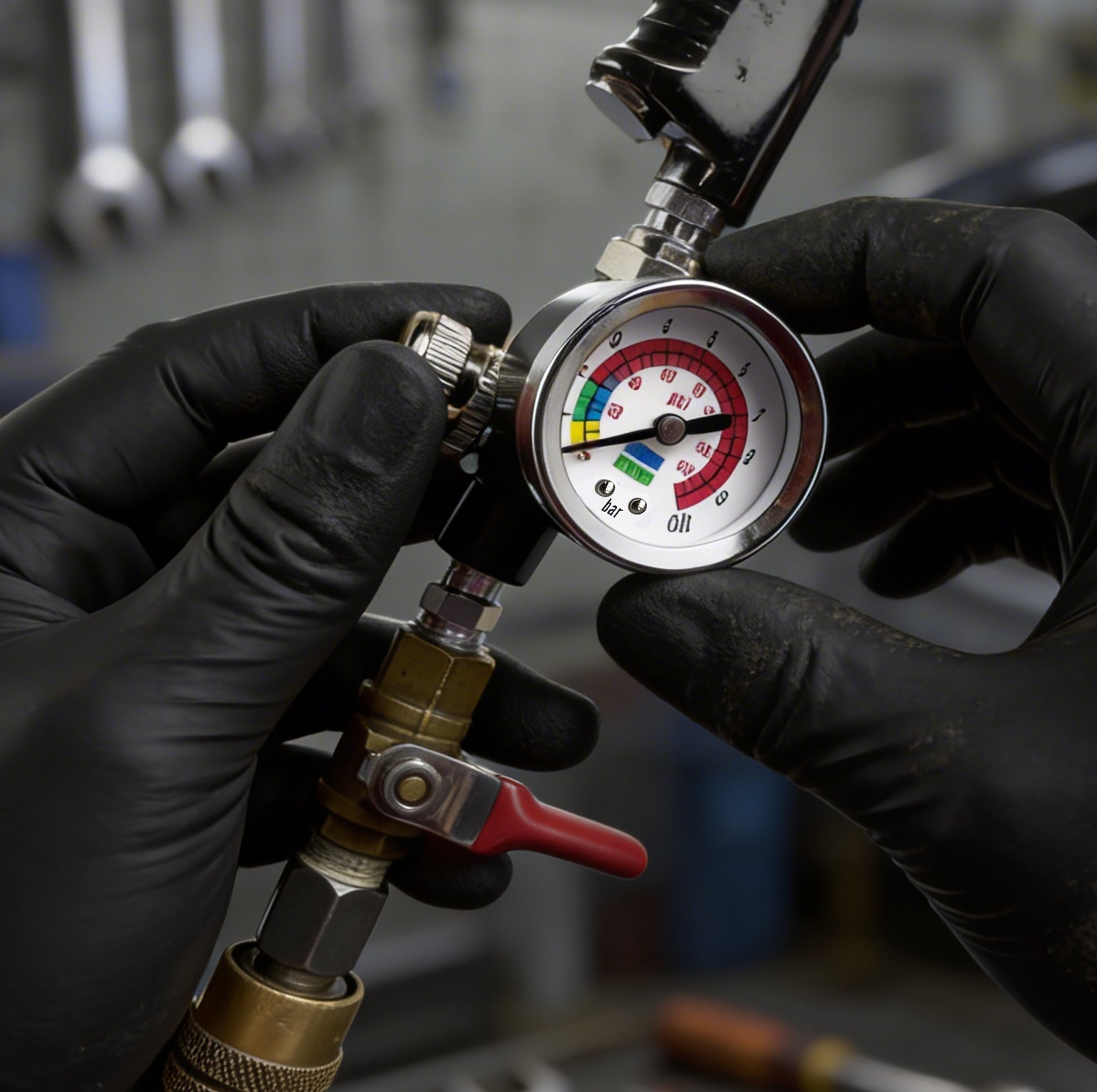 LE LEMATEC Spray Gun Regulator Valve Tool, 1/4 NPT Air Pressure Regulator (AR-08) with gauge and dimensions displayed.