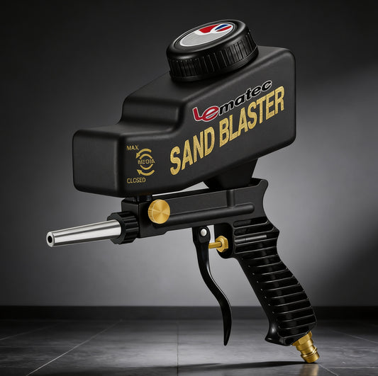 Professional Sandblaster Kit - 150 PSI Multi-Media with Control Valve, LE LEMATEC AS118 handheld sandblaster gun with accessories.