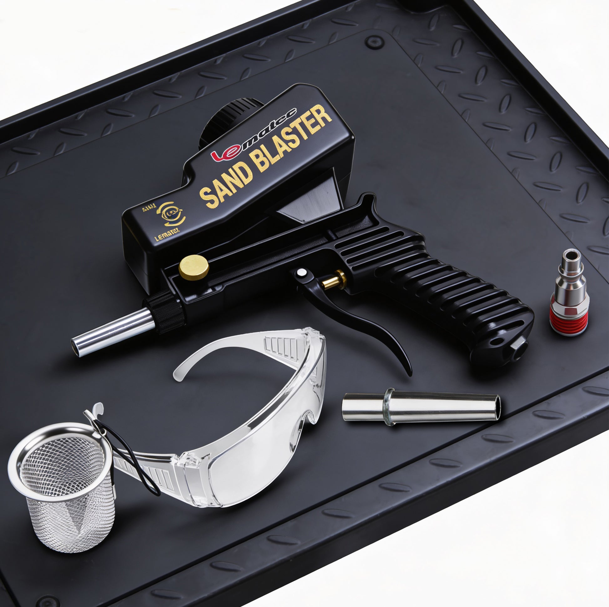 Professional Sandblaster Kit - 150 PSI Multi-Media with Control Valve parts diagram including lid, tank, flow valve, nozzle, tip, and trigger.