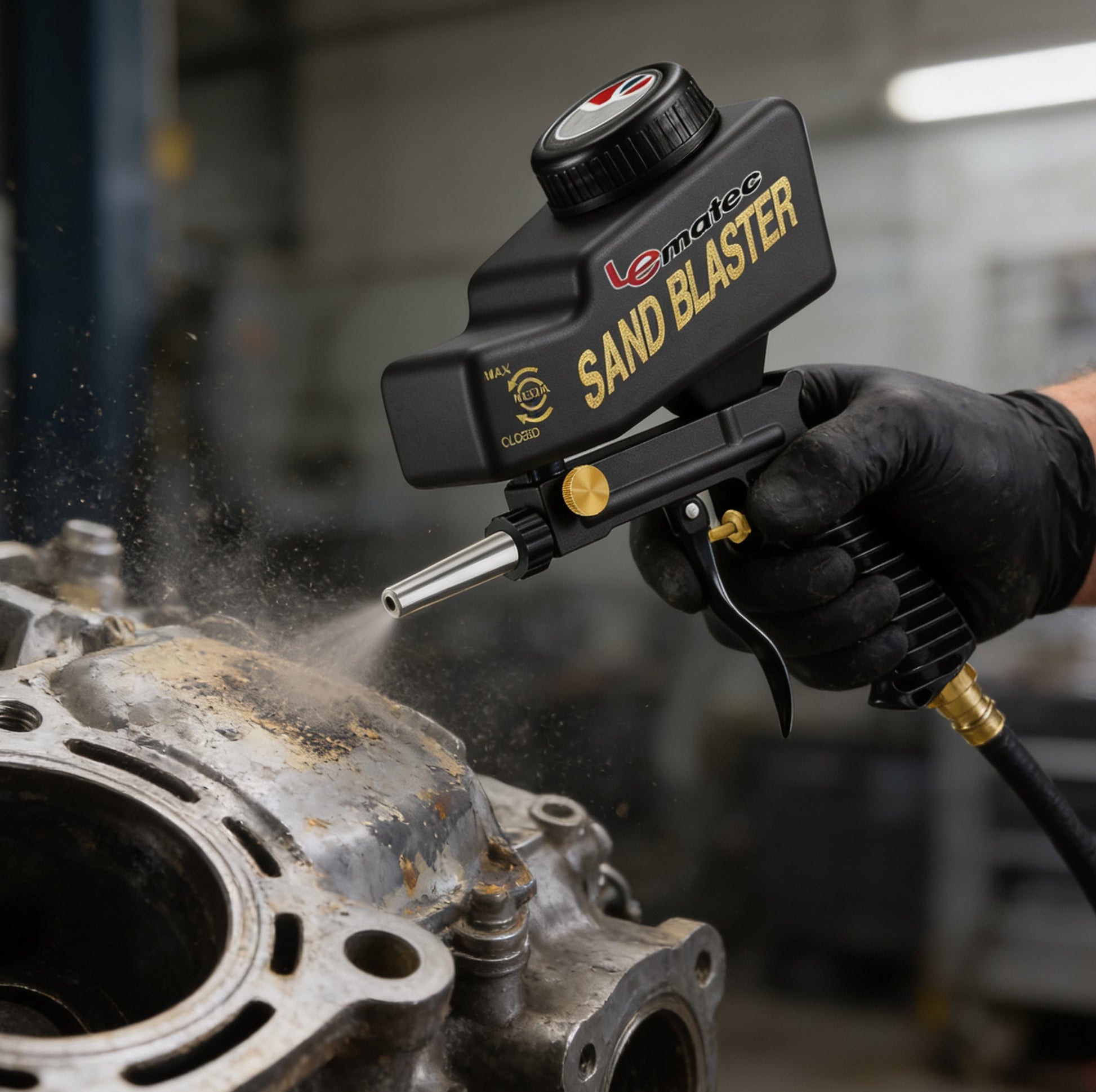 Professional Sandblaster Kit - 150 PSI Multi-Media with Control Valve in use, featuring ergonomic design and adjustable control.