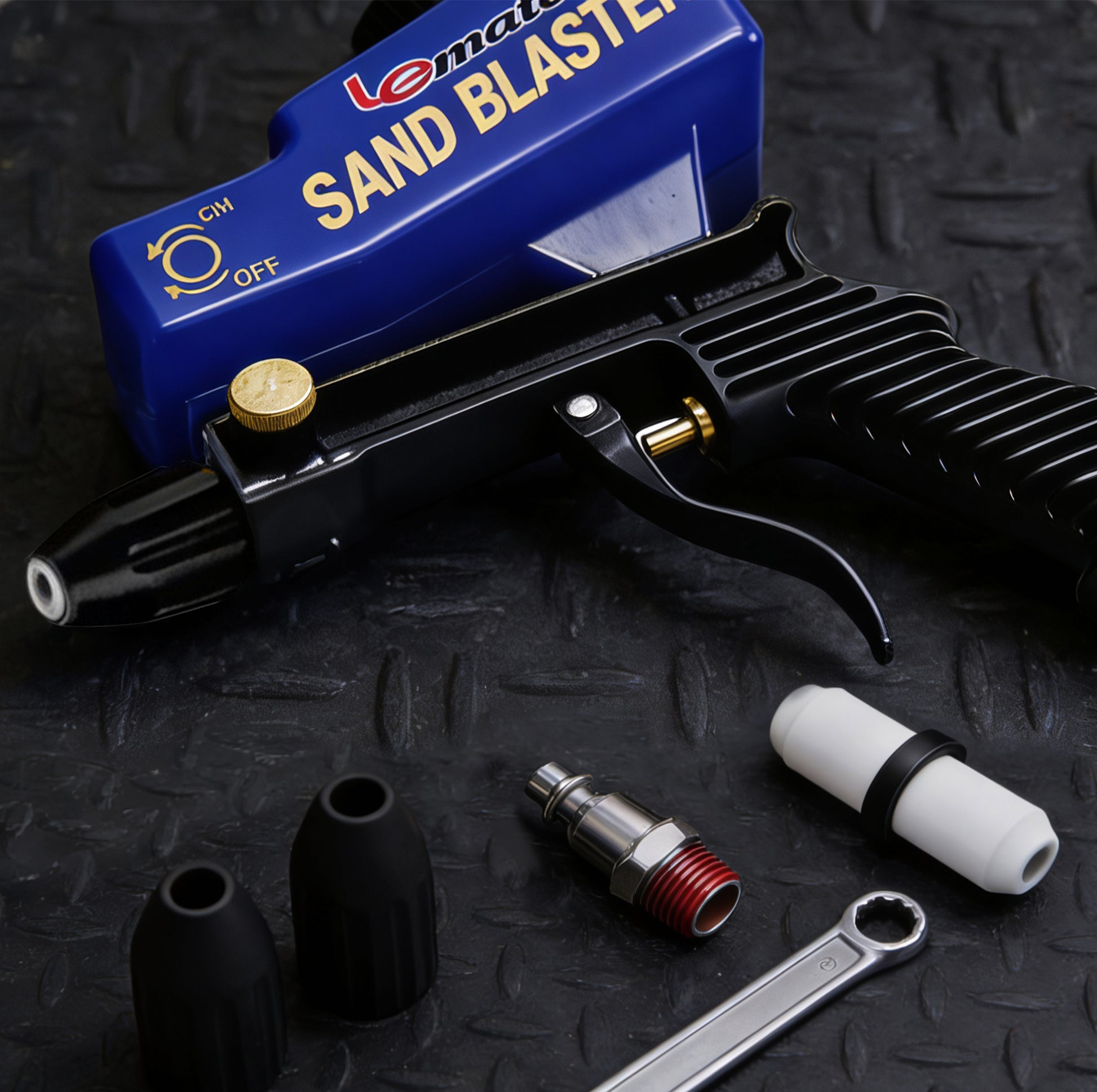 Handheld Sandblaster for Etching & Rust | LE LEMATEC Portable featuring a blue design and gravity feed hopper.