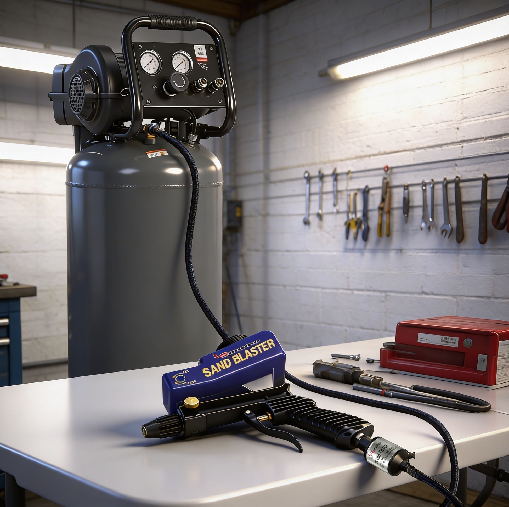 Handheld Sandblaster for Etching & Rust | LE LEMATEC Portable in action stripping paint from a wooden chair.