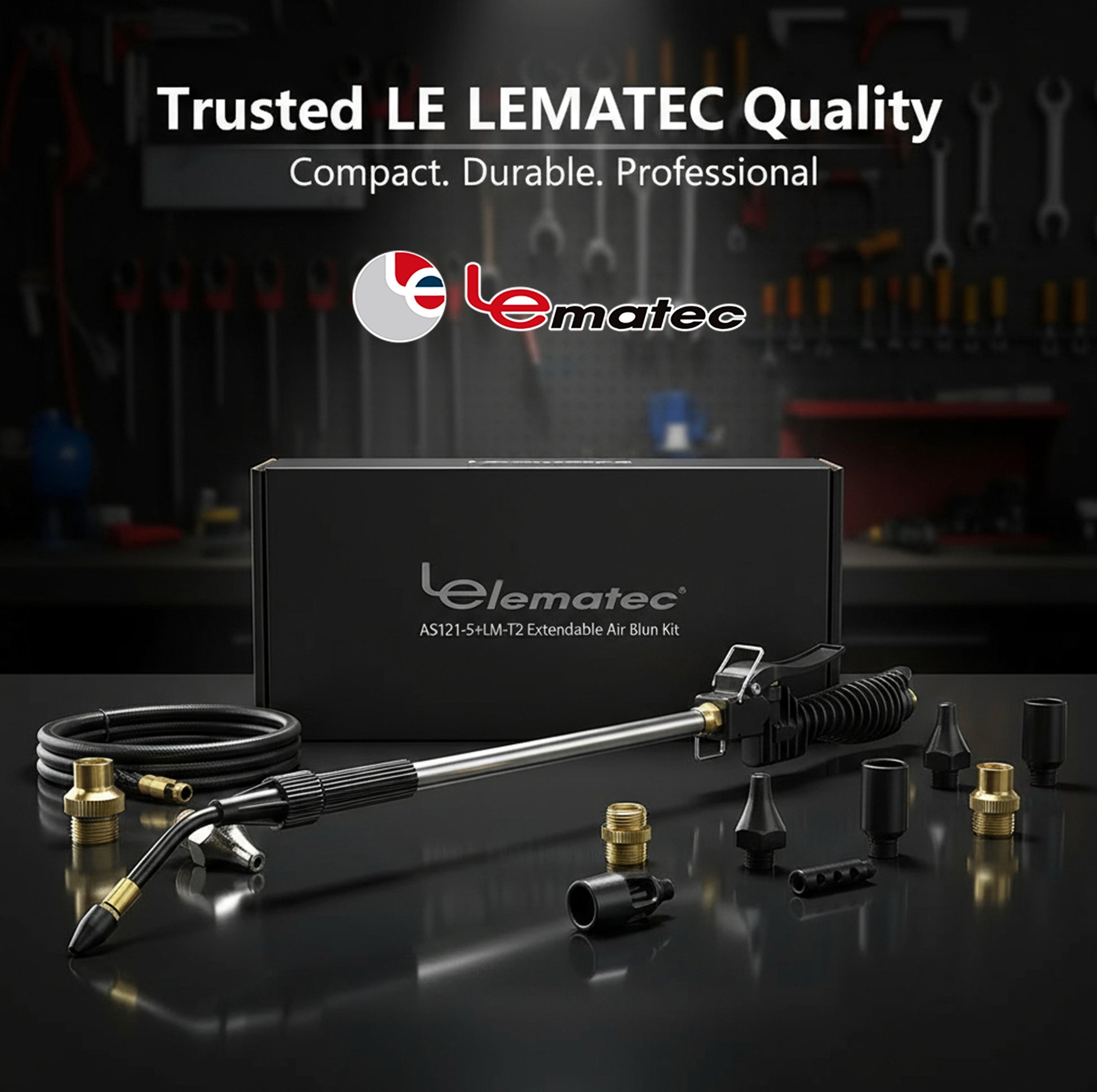 Le Lematec AS121-5 air blow gun connected to digital air regulator for precise pressure control