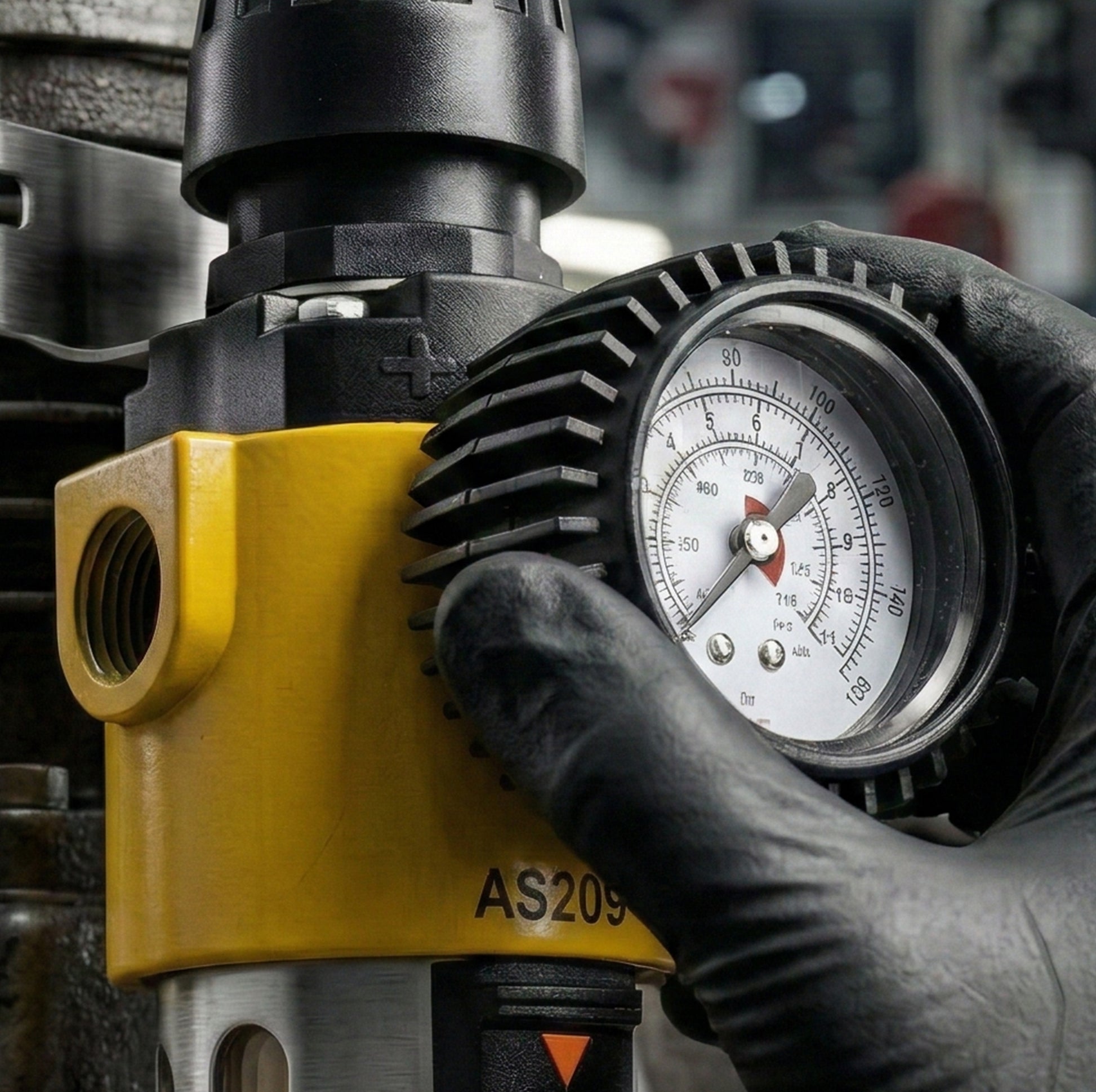 Industrial Grade AS209 Filter Regulator System - 160 PSI maximum pressure with 1/2-inch NPT ports for high-flow air compressor setups.
