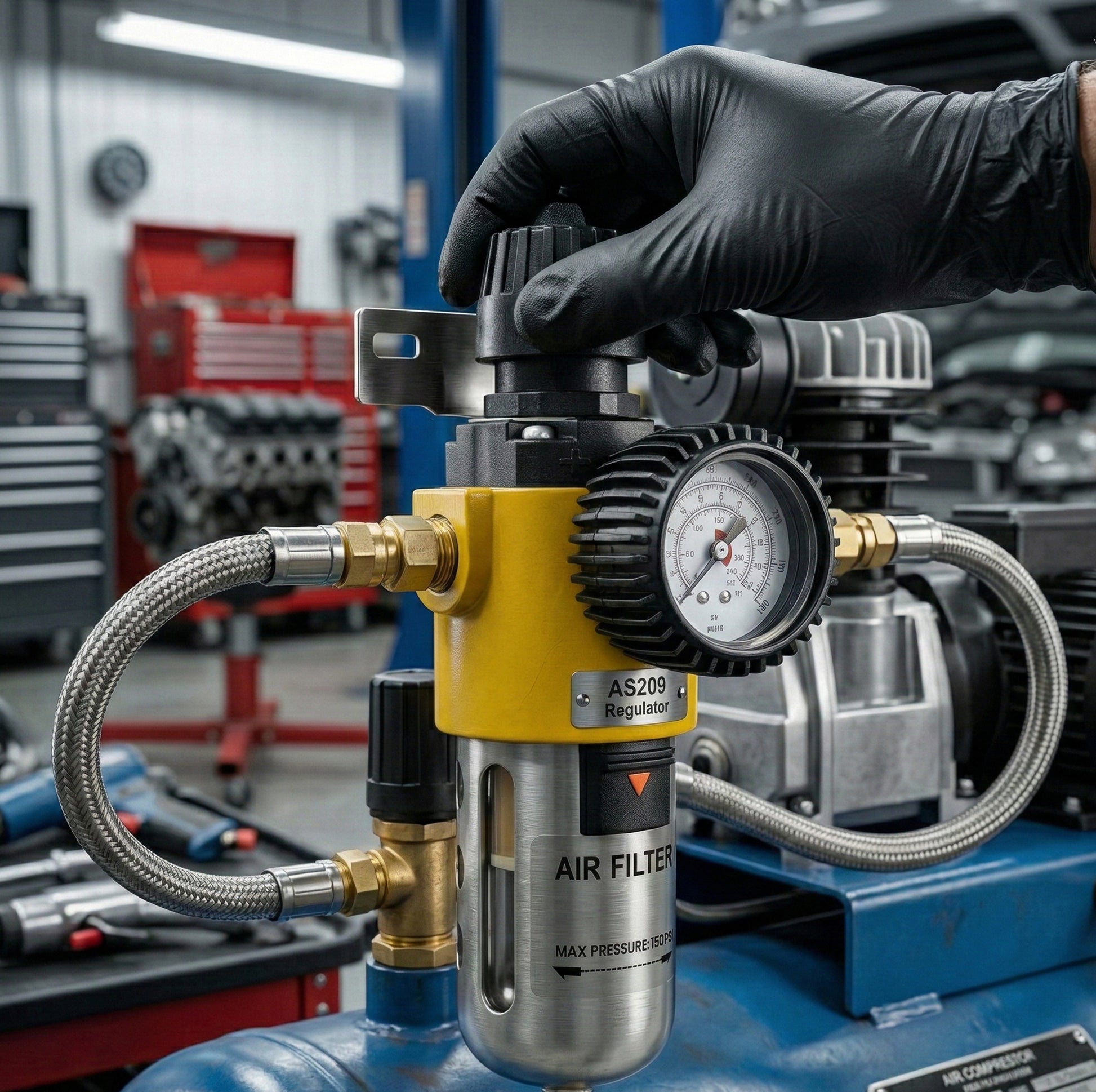 AS209 Heavy-Duty Air Filter Regulator - 1/2" NPT connection designed for efficient moisture and oil separation to protect pneumatic tools.