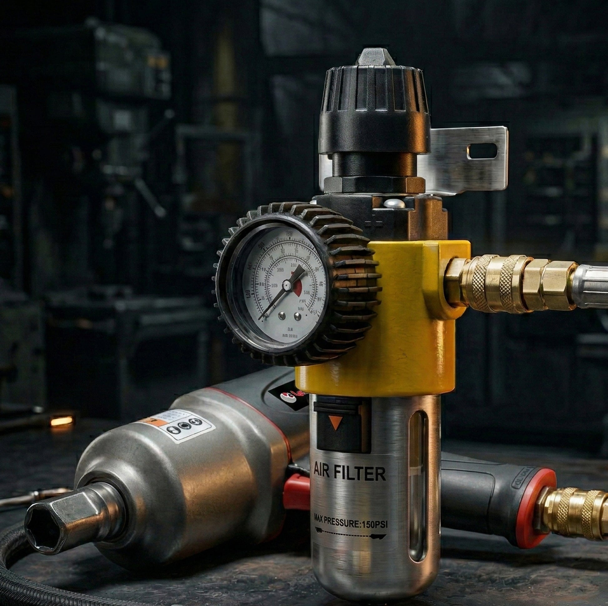 1/2" NPT Air Compressor Filter Regulator (AS209) - 160 PSI Heavy-Duty System with transparent filter bowl for easy monitoring of water and oil levels.