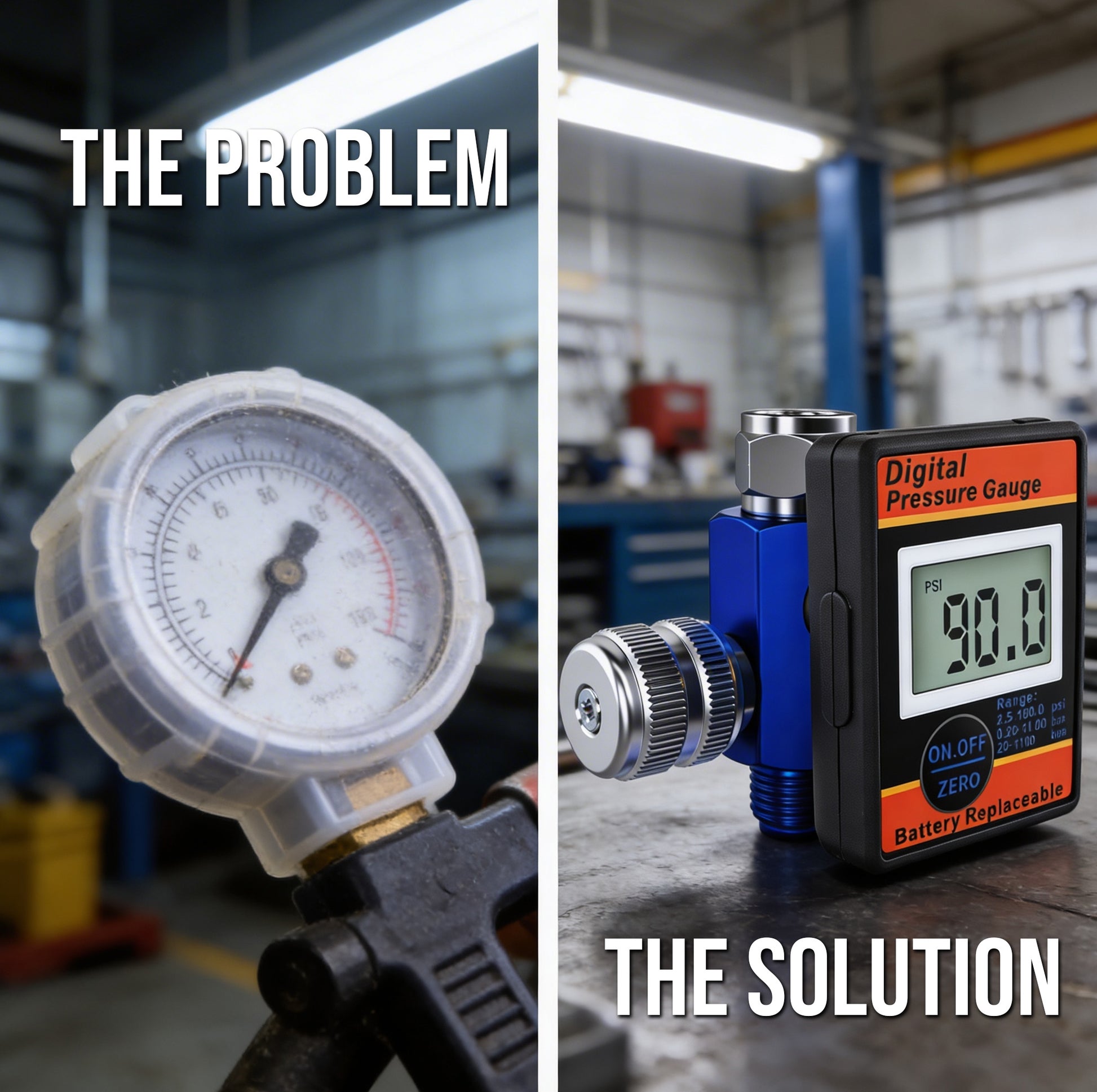 Professional Digital Air Pressure Regulator - Multi-Unit LCD Display with 160 PSI Range (DAR01B) digital pressure gauge with replaceable battery.