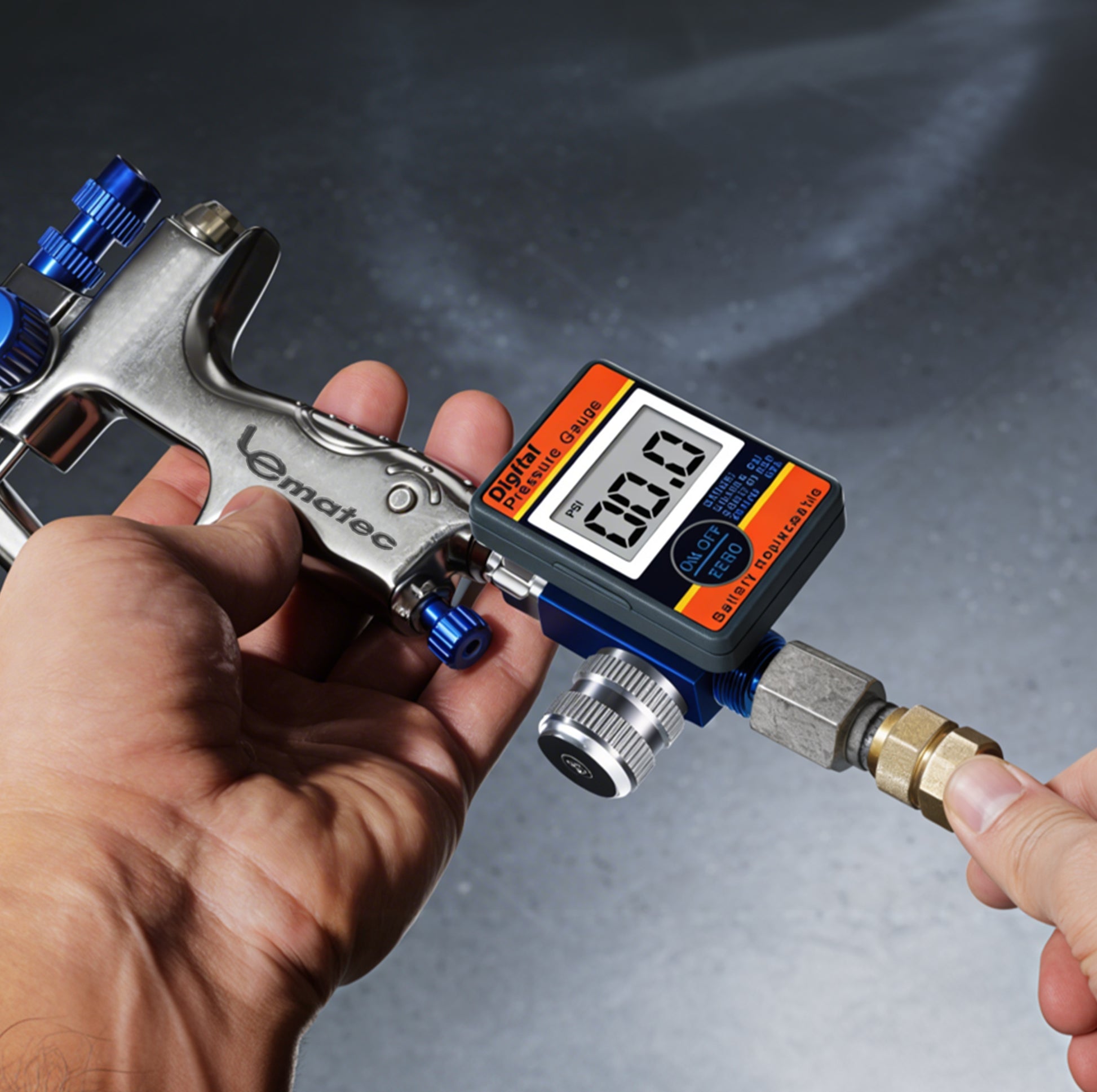 Professional Digital Air Pressure Regulator - Multi-Unit LCD Display with 160 PSI Range (DAR01B) shown in use with a 1/4 inch NPT design.