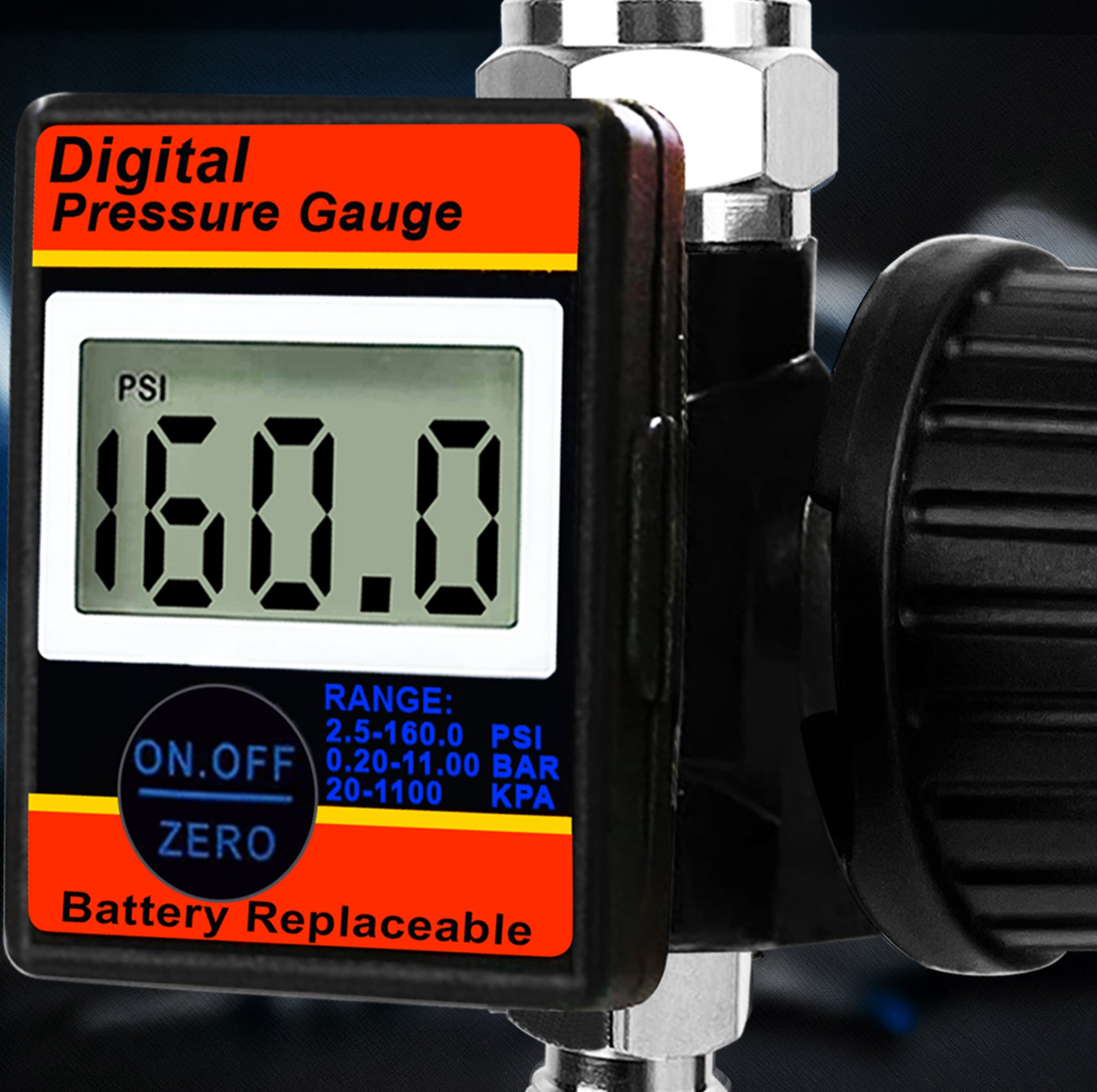 Professional Digital Air Regulator - 160 PSI Diaphragm Control with Multi-Unit Display (DAR02B) digital pressure gauge.
