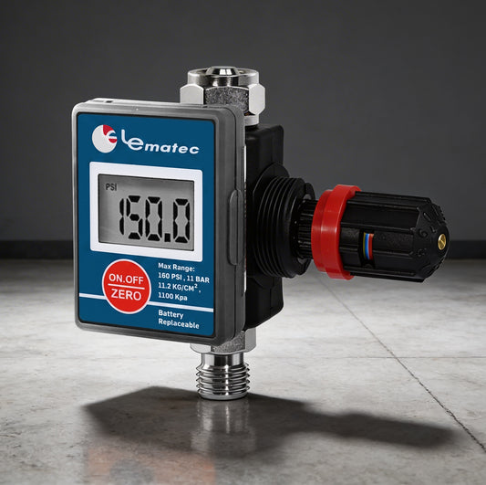 Le Lematec DAR03B digital air pressure regulator with LCD reading 150.0 PSI and red locking valve collar