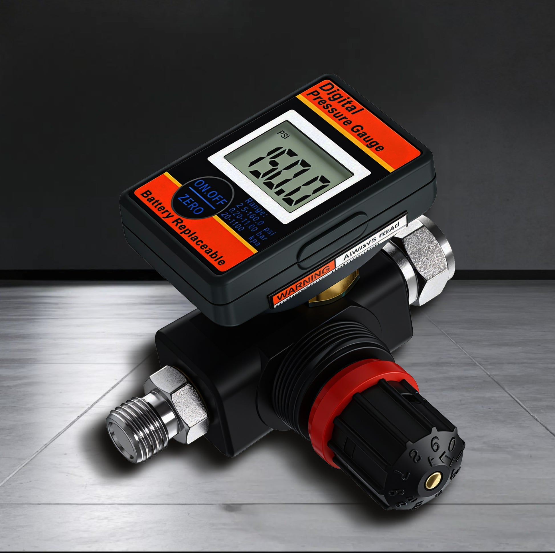 Digital Air Pressure Regulator with LCD Display - Professional 150 PSI Multi-Unit Control (DAR03B) showing features.