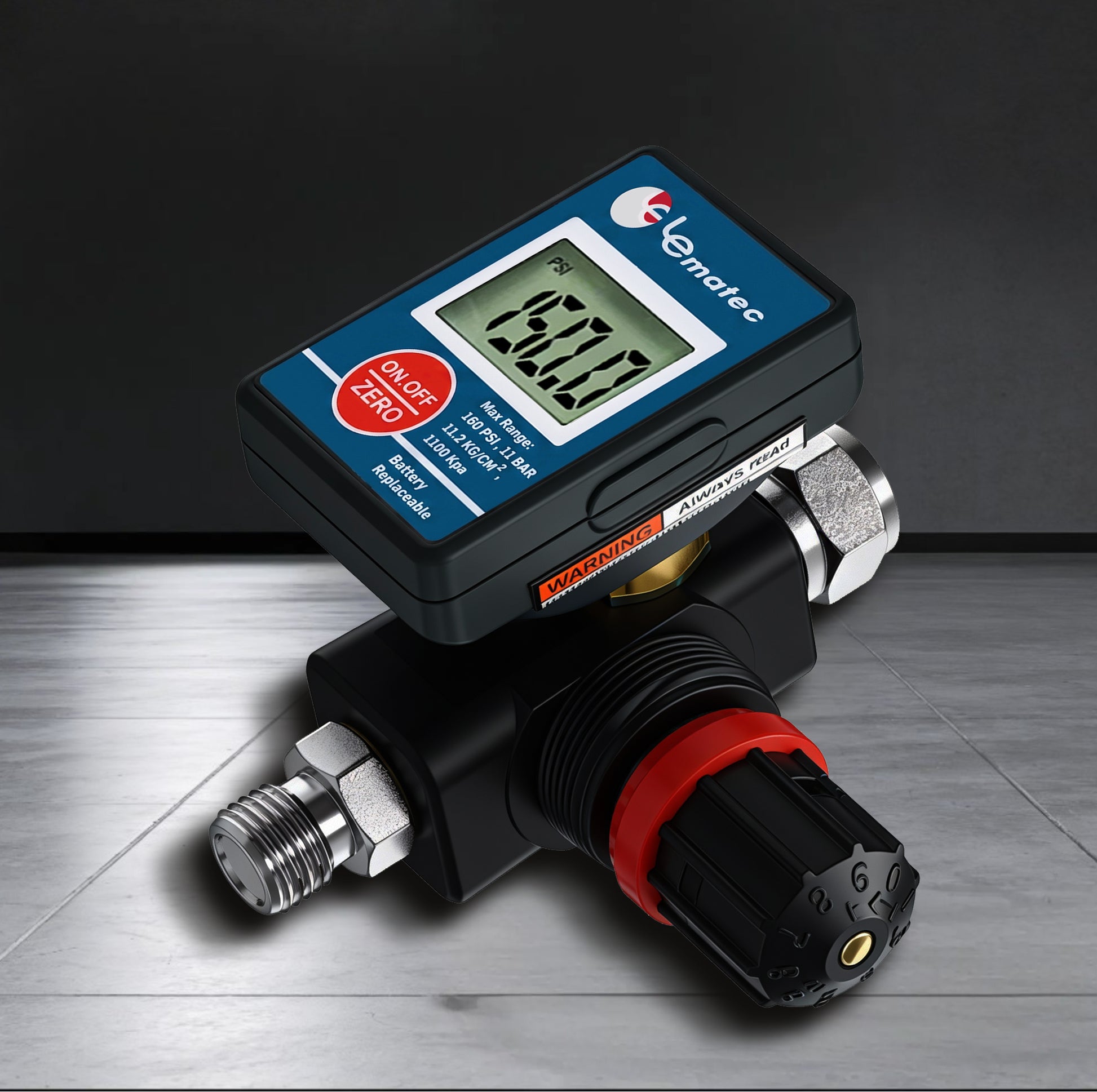 DAR03B digital air regulator studio view showing the 1/4 inch NPT male thread, locking valve knob and warning label