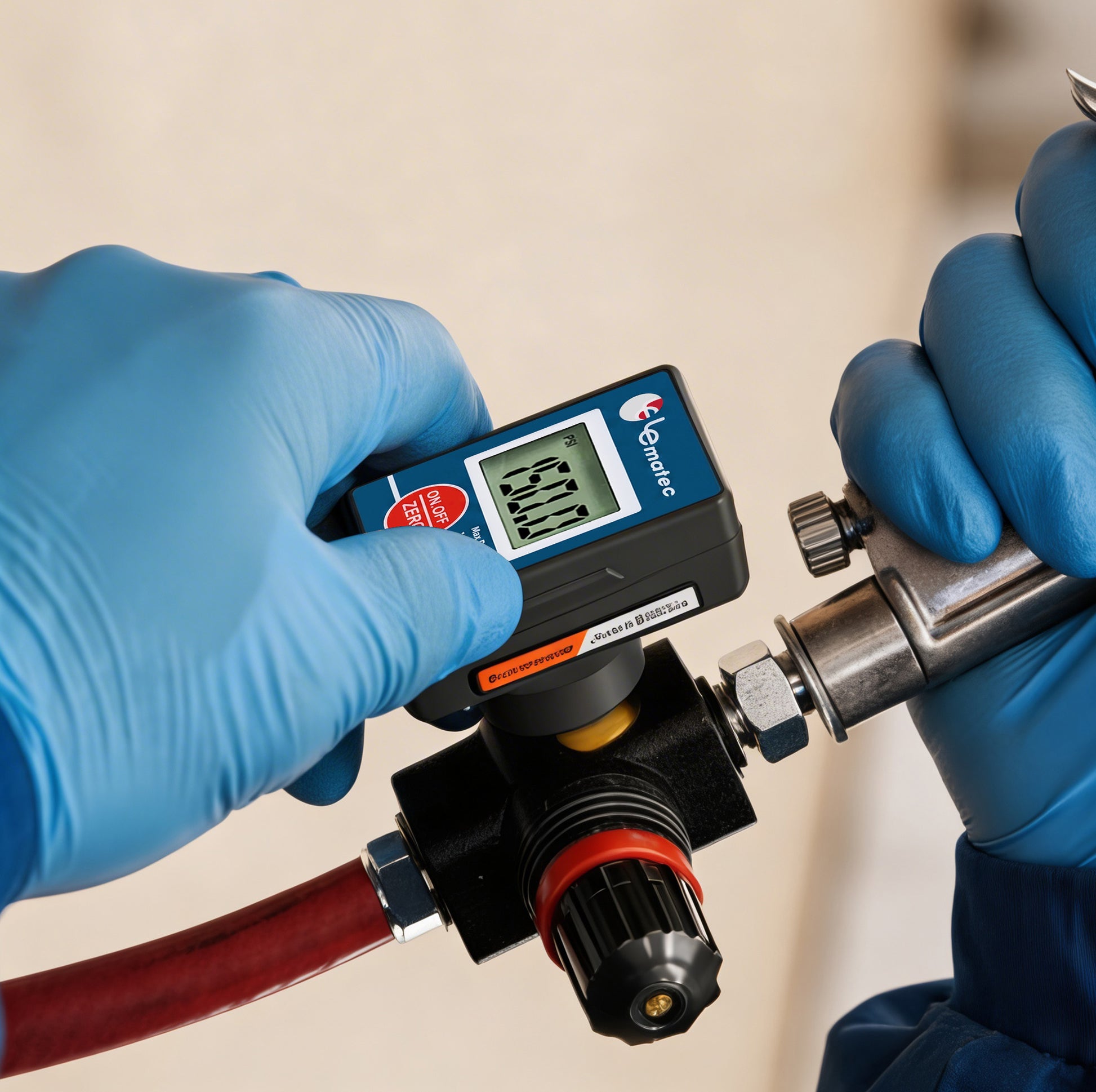 Technician in blue gloves setting pressure on a DAR03B fitted between a red air hose and a spray gun
