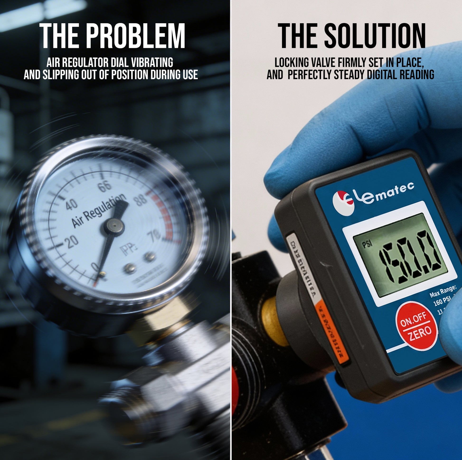 Comparison: an analog regulator dial slipping out of position versus the DAR03B locking valve holding a steady 150.0 PSI digital reading