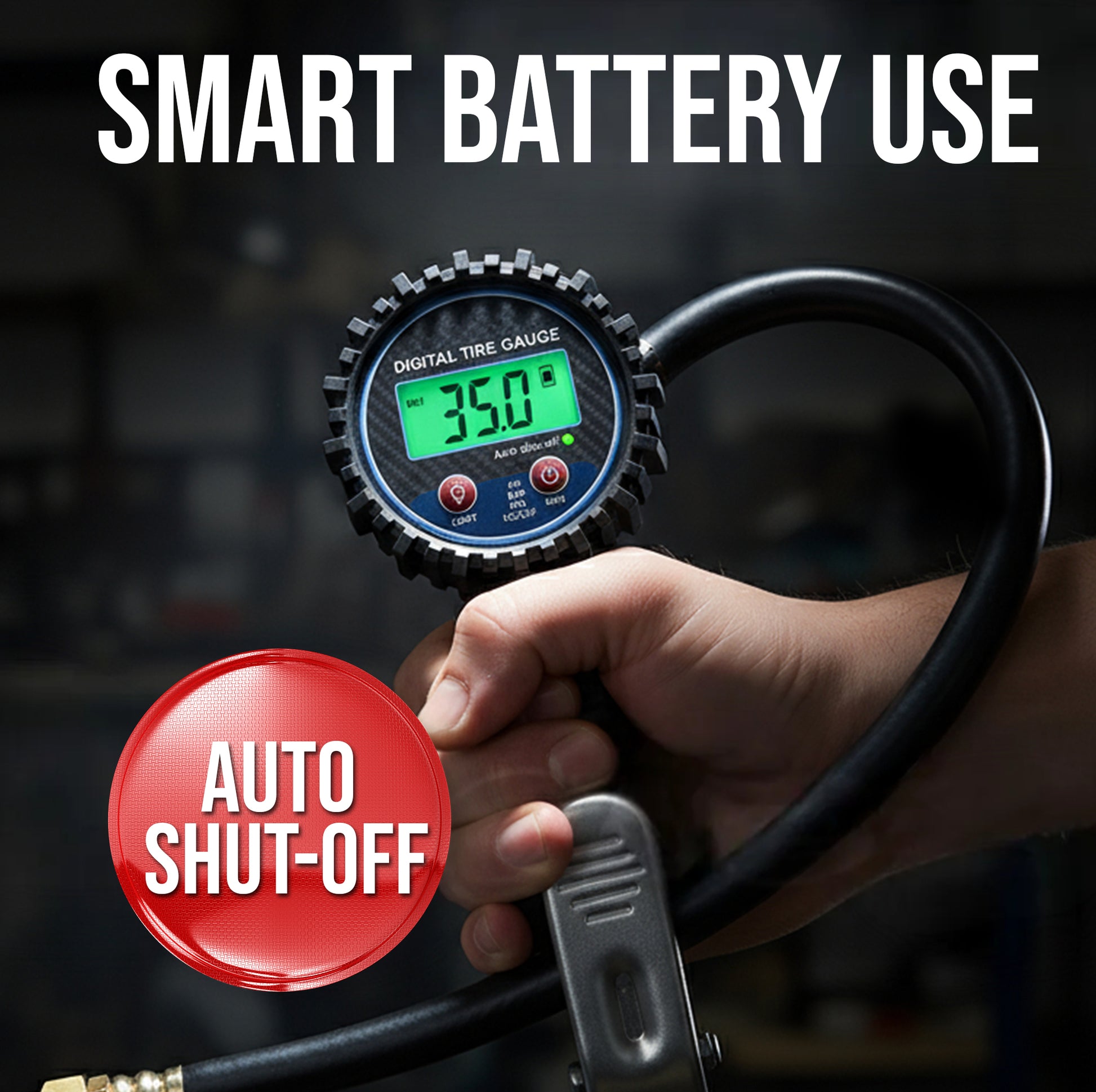 Close-up of DTI-13G LCD display with lock-on chuck for accurate tire pressure reading