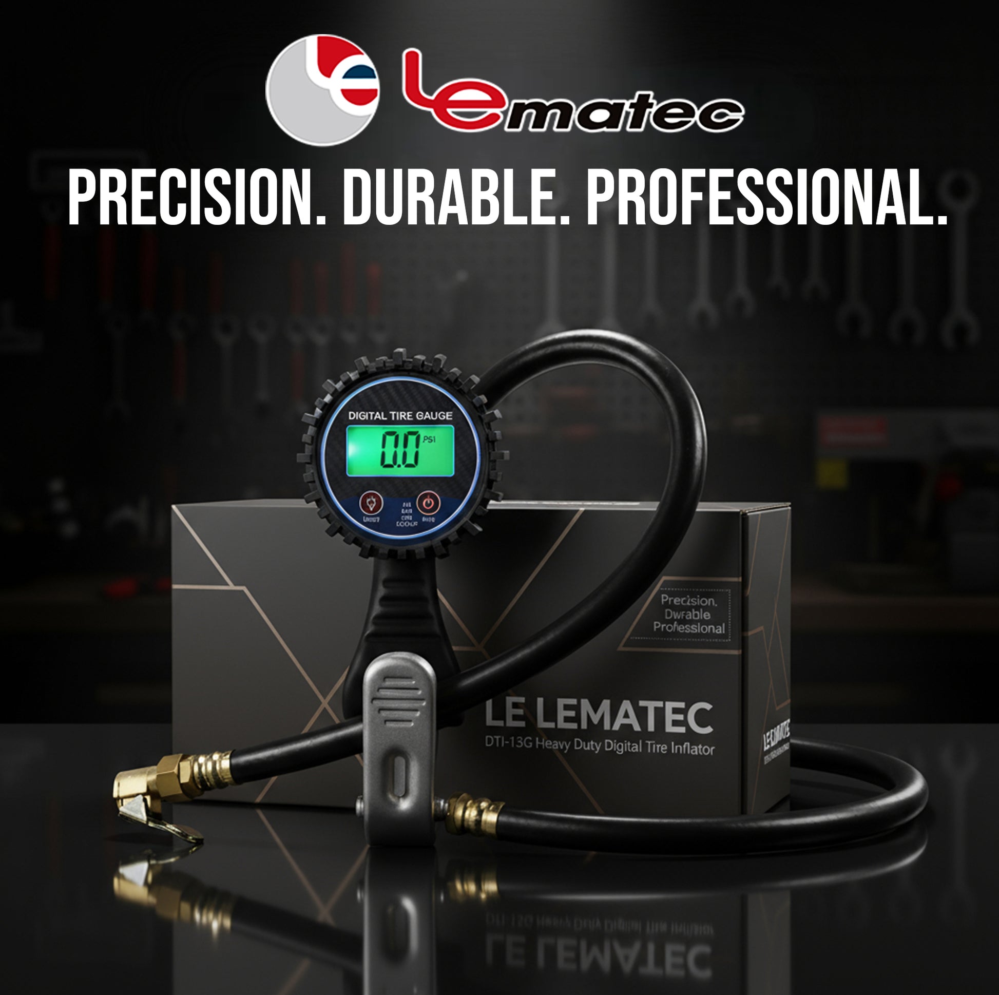 DTI-13G digital tire inflator connected to air compressor for professional shop use