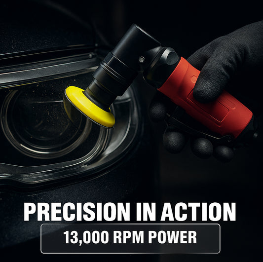LE-AG31 air spot repair sander polishing car headlight at 13000 RPM with yellow sanding pad