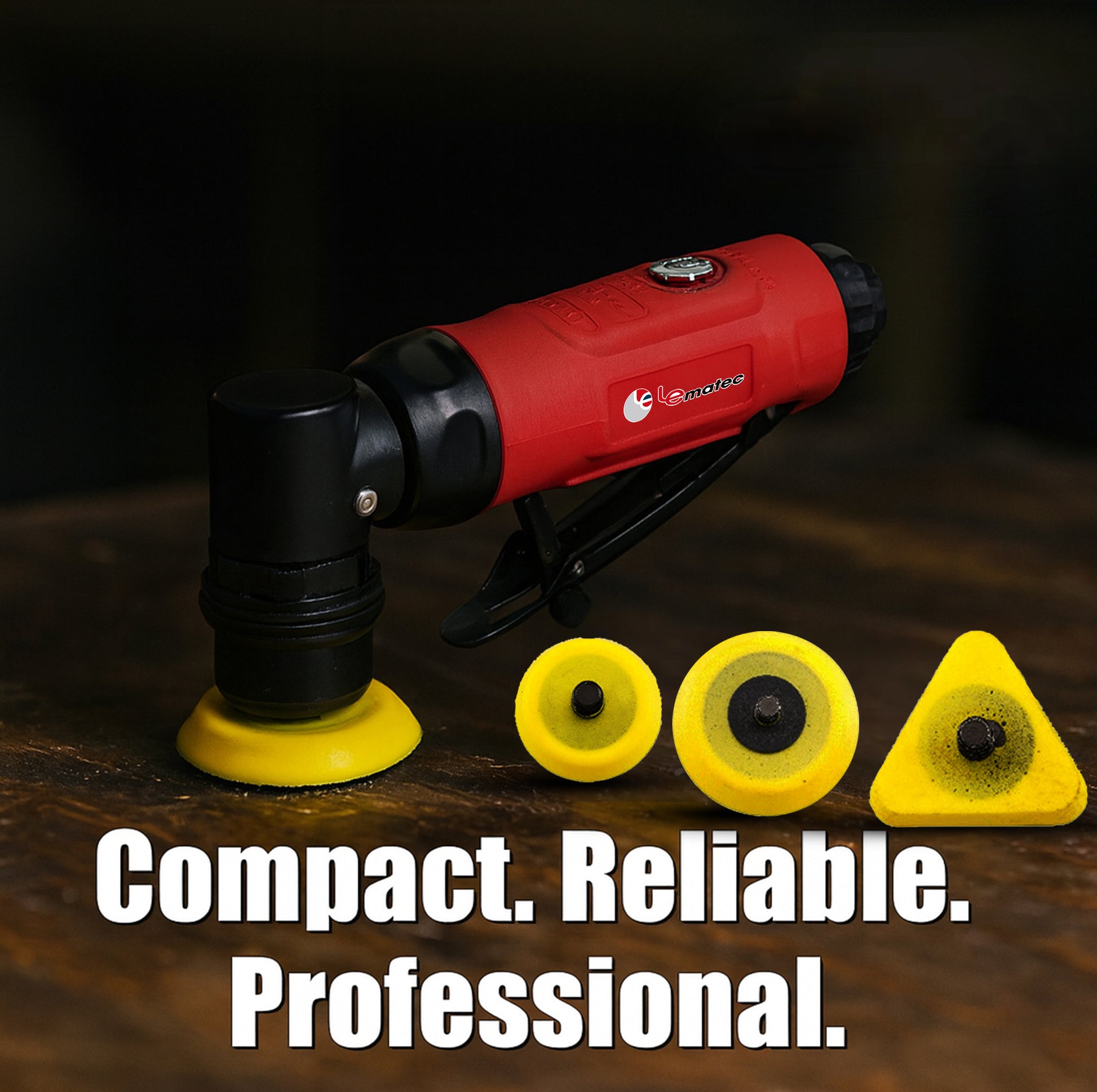 LE-AG31 spot repair sander with round and triangular hook-and-loop sanding pad attachments