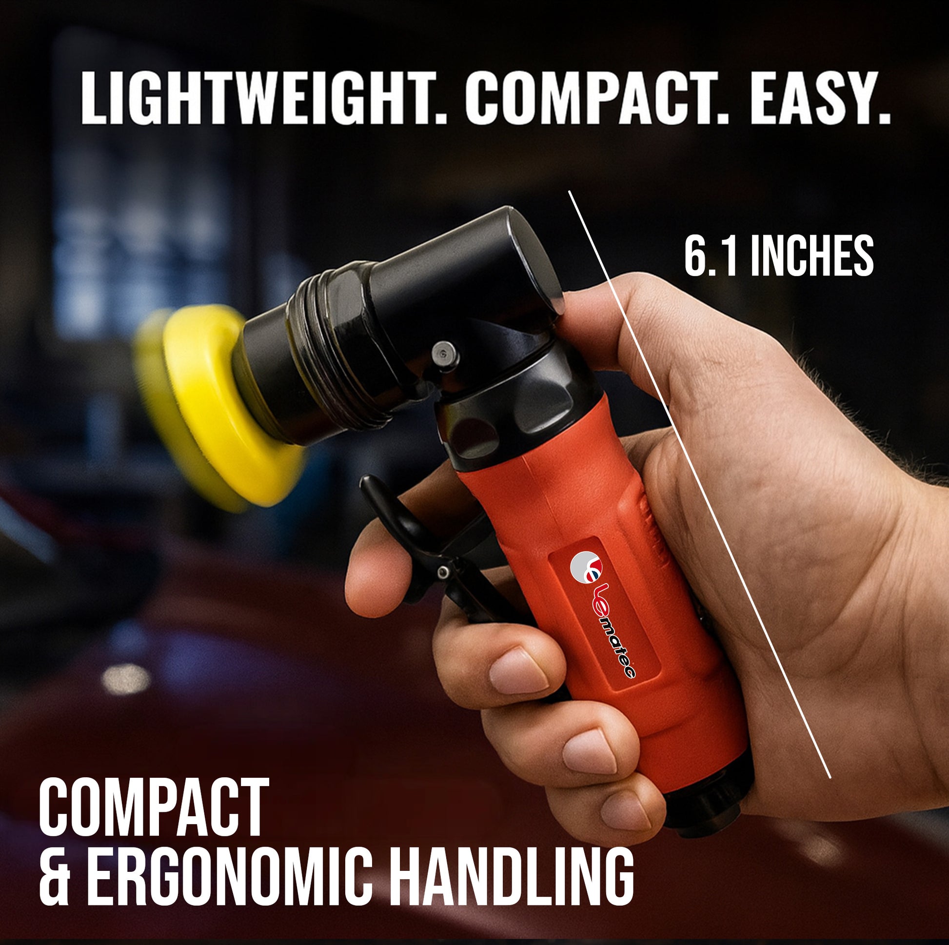 LE-AG31 compact 6.1-inch air sander held in hand showing lightweight ergonomic design