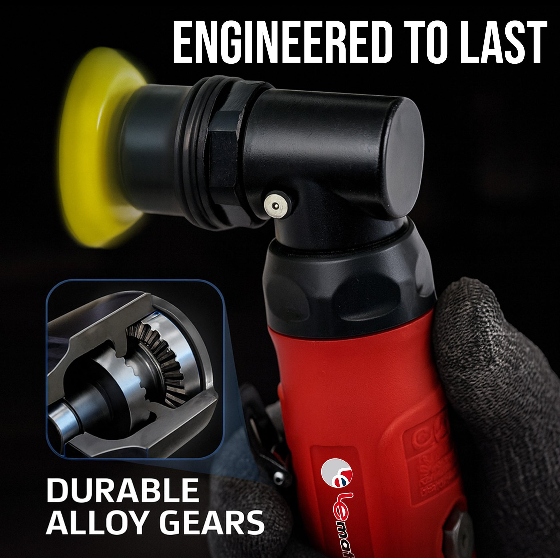 LE-AG31 pneumatic spot sander close-up showing durable alloy gears and red ergonomic body