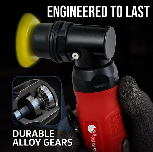 LE-AG31 pneumatic spot sander close-up showing durable alloy gears and red ergonomic body