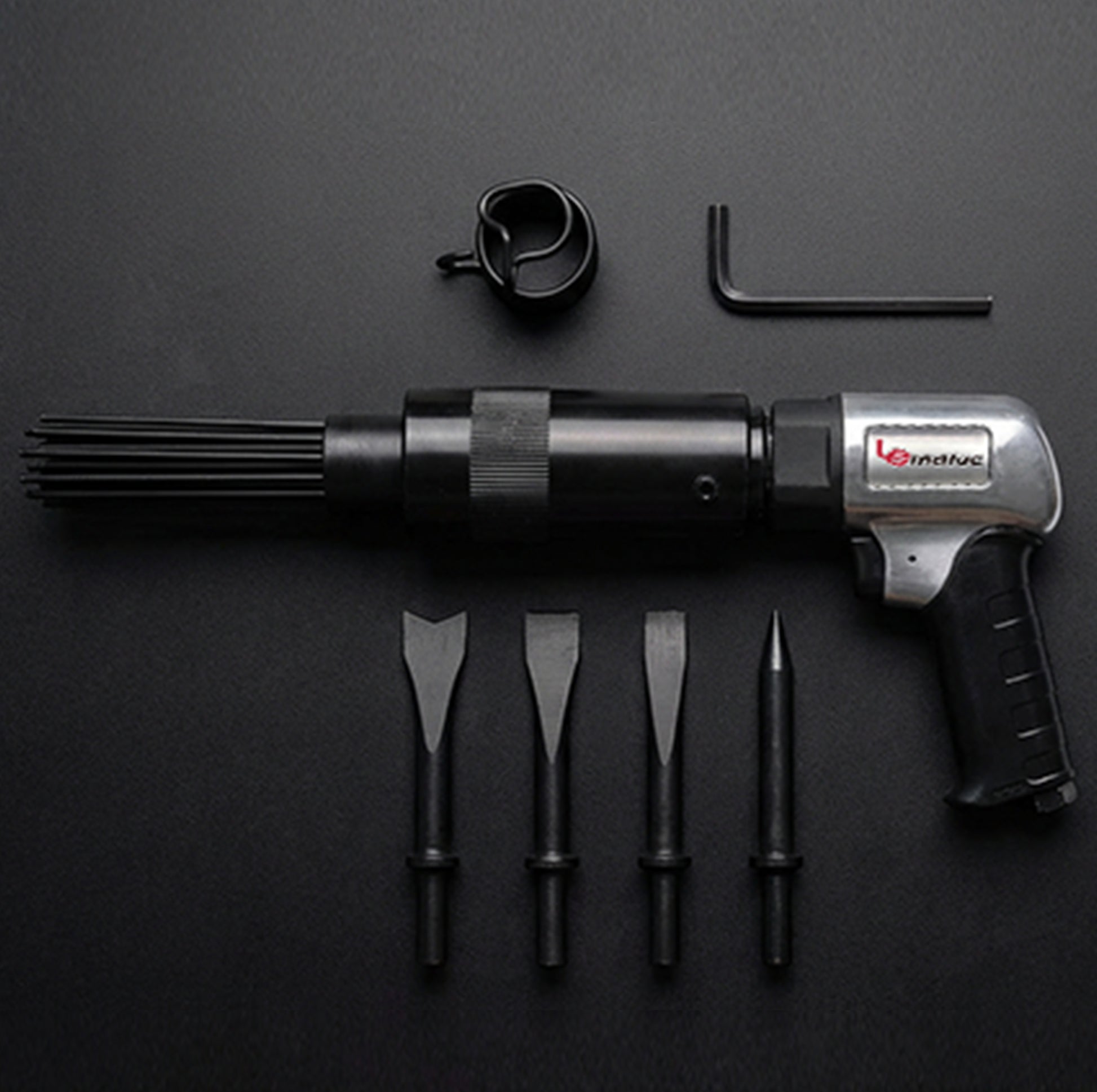 Industrial LE-AN324 Surface Prep Tool - 4500 BPM Pneumatic Scaler with Chisel Attachment for removing rust in hard-to-reach areas.