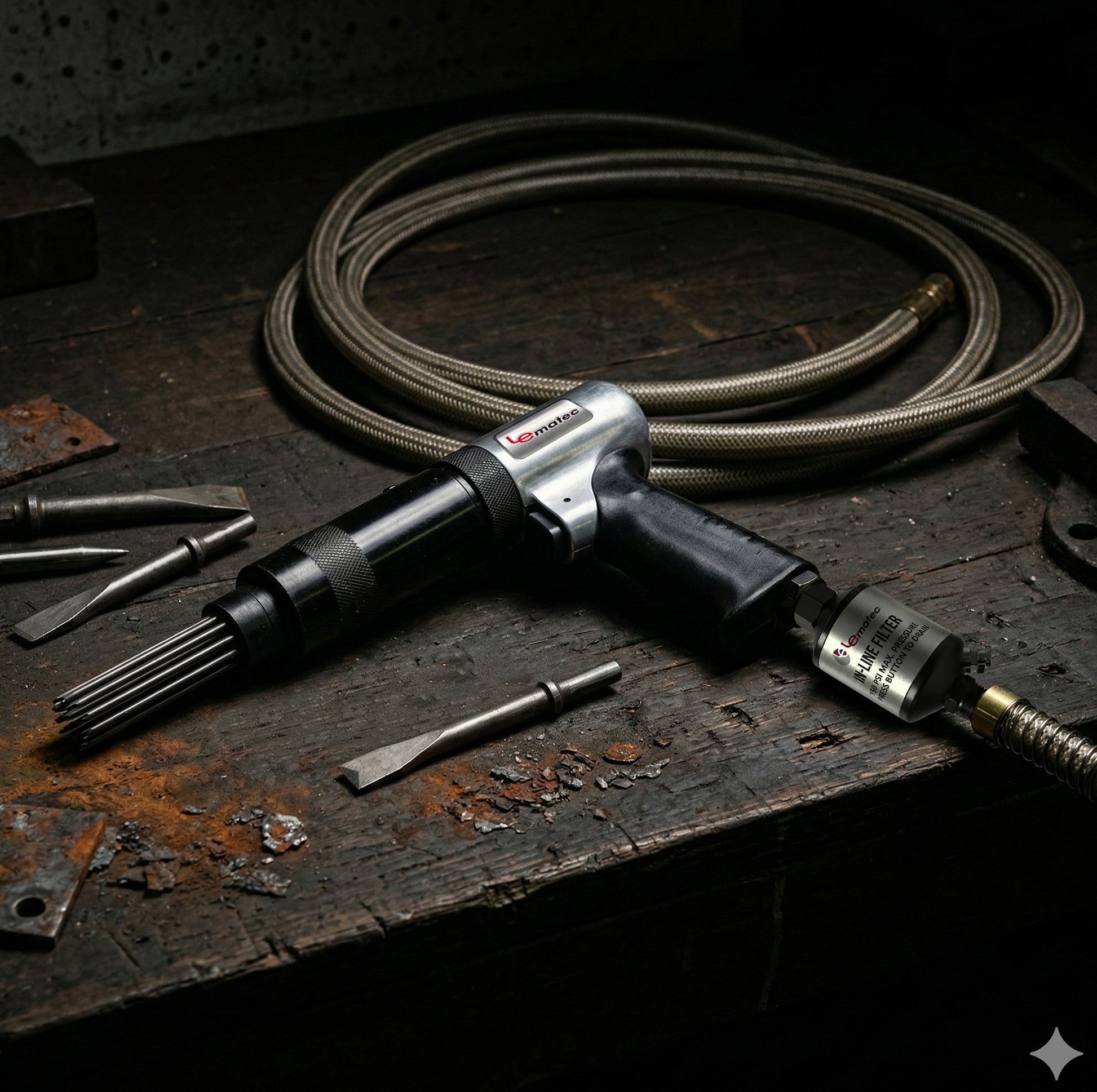 LE-AN324 Professional Air Needle Scaler - 4500 BPM (Blows Per Minute) with 19 Needles & Chisel Kit for efficient surface cleaning.